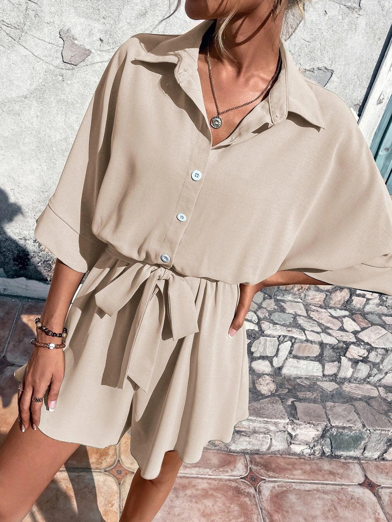 Batwing Sleeve Belted Shirt Romper-Comfy Jumpsuits