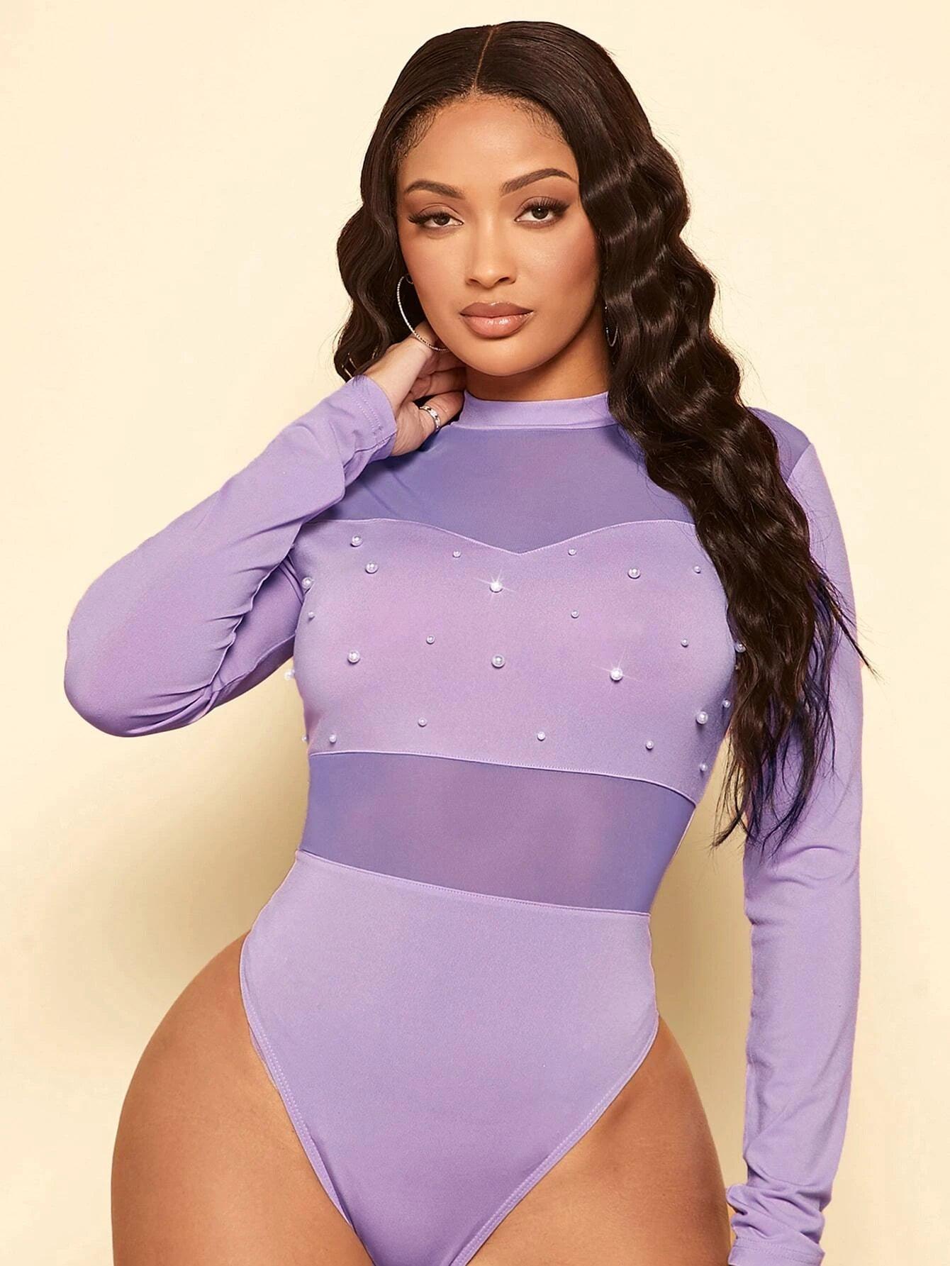 Pearls Beaded Mesh Mock Neck Bodysuit-Comfy Jumpsuits