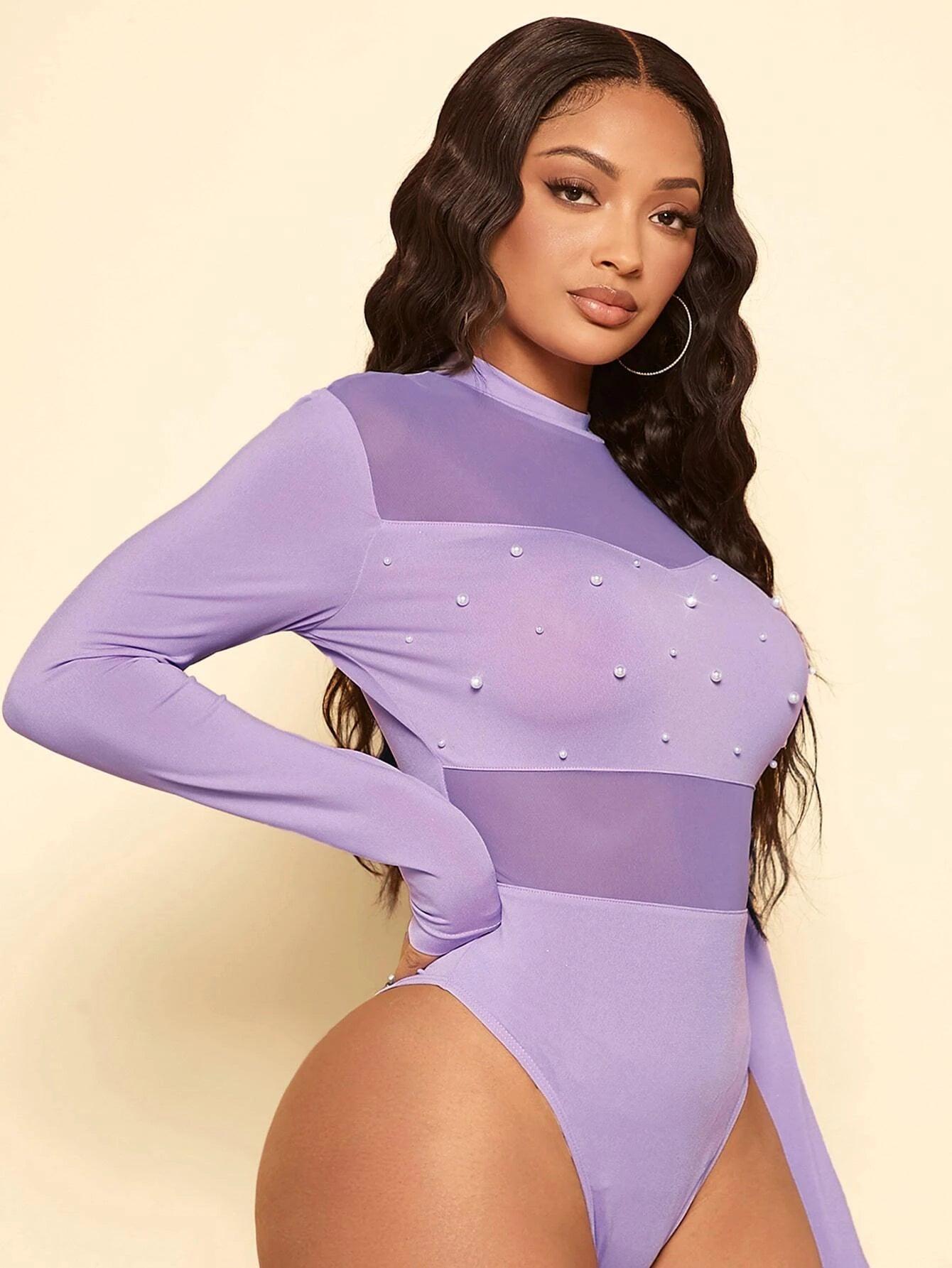 Pearls Beaded Mesh Mock Neck Bodysuit-Comfy Jumpsuits