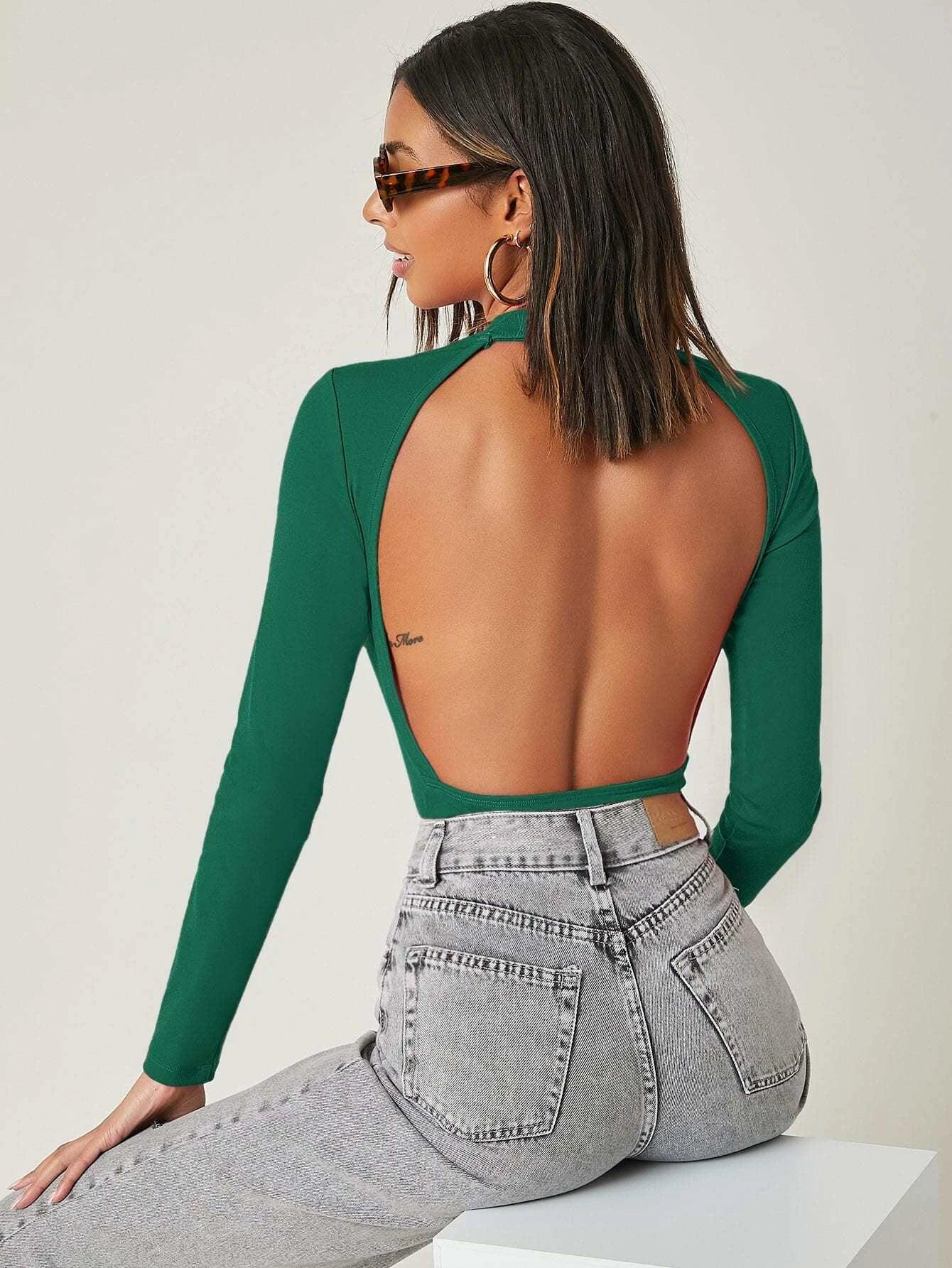 Mock-Neck Backless Bodysuit-Comfy Jumpsuits
