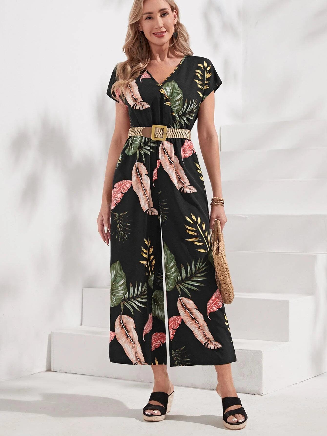 Print Batwing Sleeve Jumpsuit Without Belt-Comfy Jumpsuits