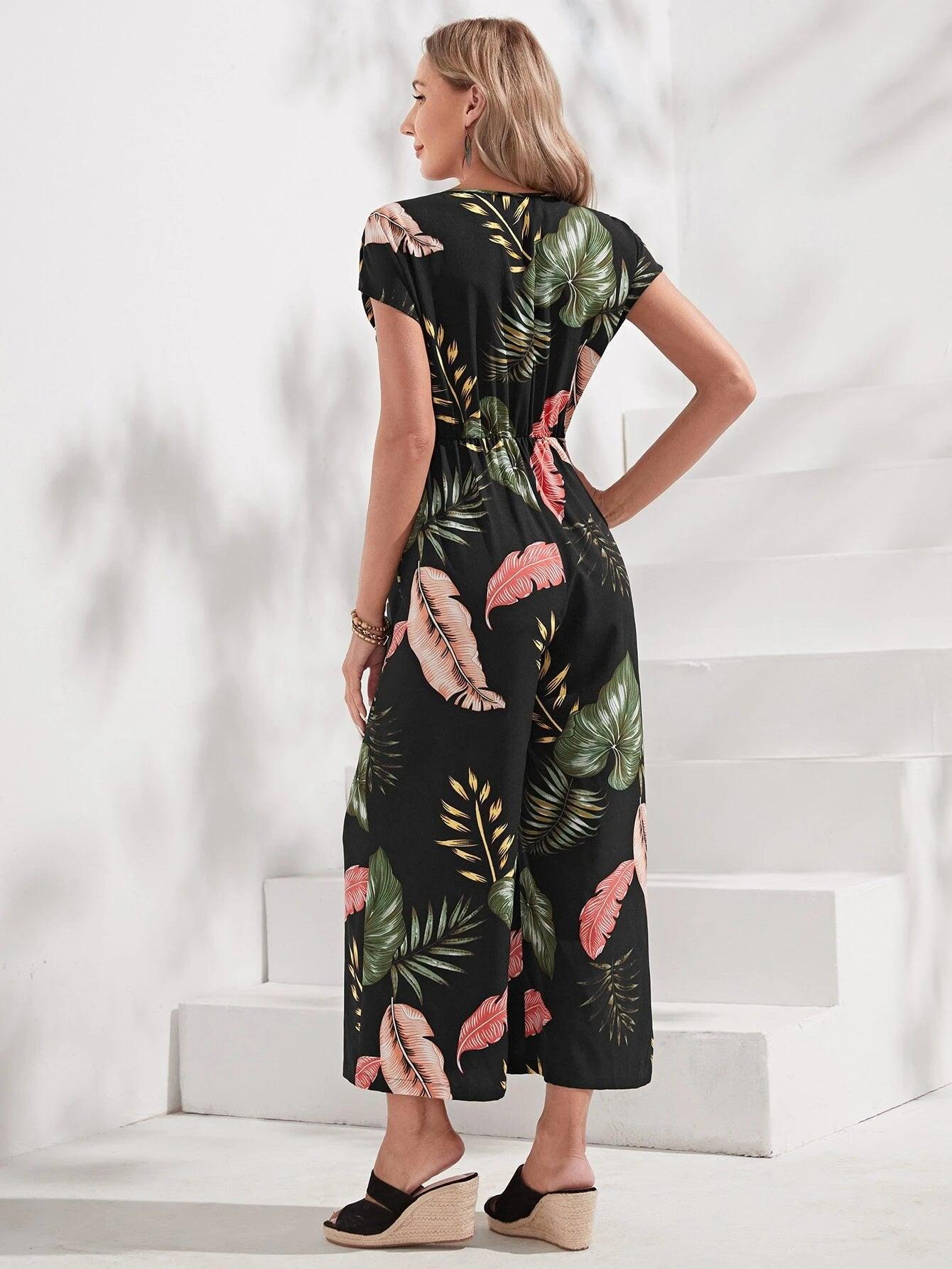 Print Batwing Sleeve Jumpsuit Without Belt-Comfy Jumpsuits