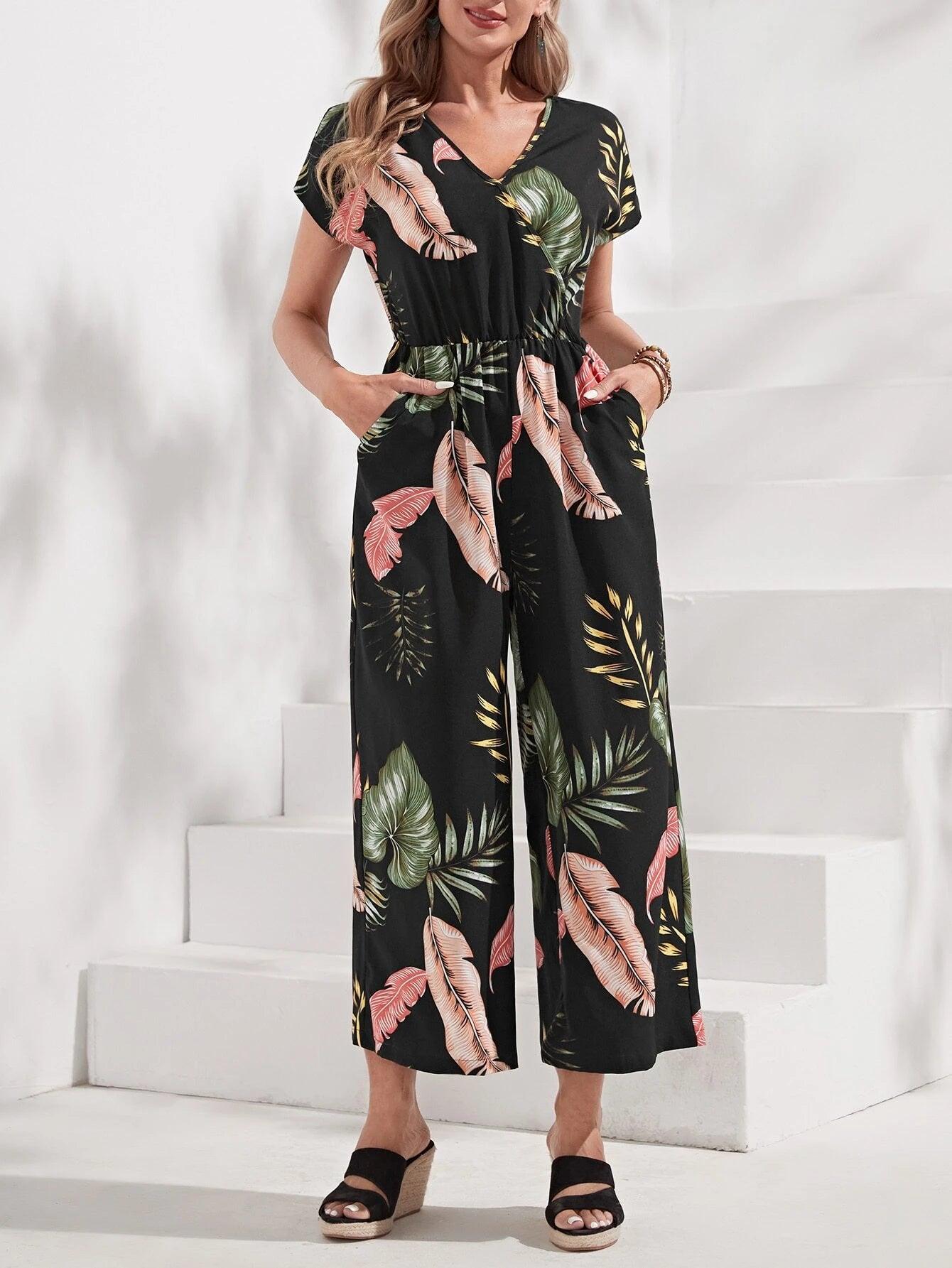Print Batwing Sleeve Jumpsuit Without Belt-Comfy Jumpsuits