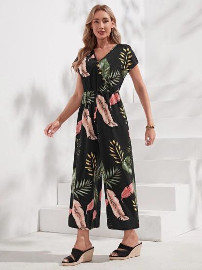Print Batwing Sleeve Jumpsuit Without Belt-Comfy Jumpsuits