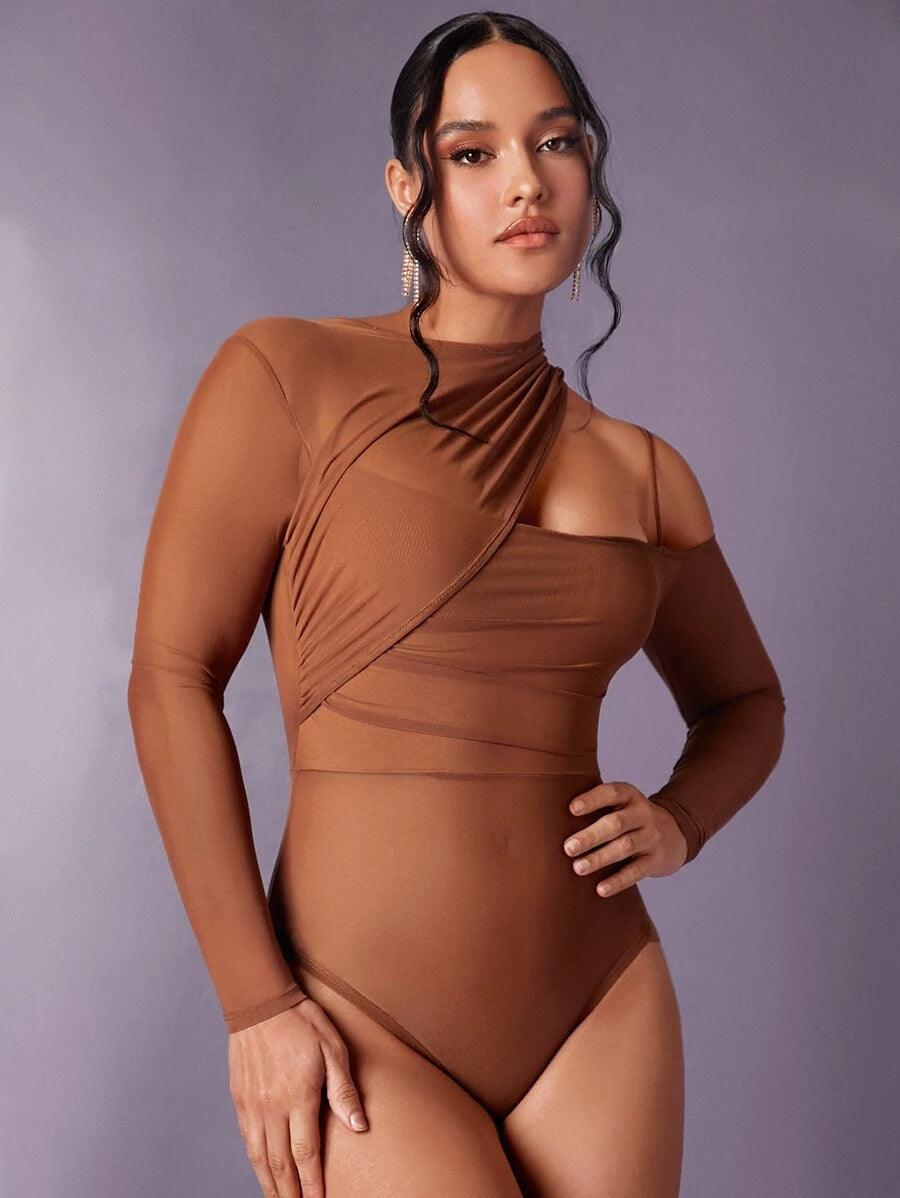 Asymmetrical Neck Cut Out Mesh Bodysuit-Comfy Jumpsuits