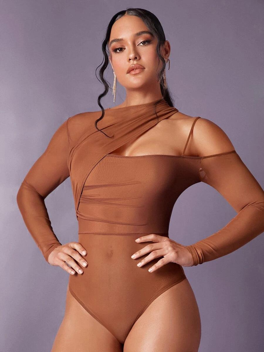 Asymmetrical Neck Cut Out Mesh Bodysuit-Comfy Jumpsuits
