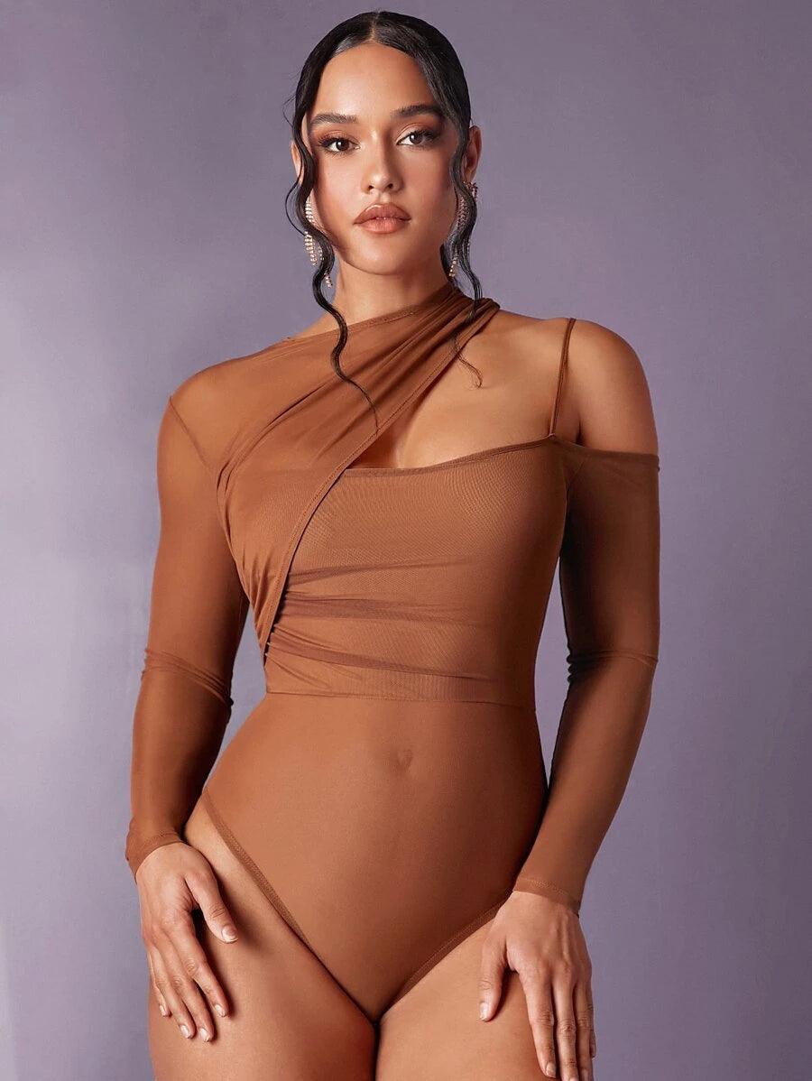 Asymmetrical Neck Cut Out Mesh Bodysuit-Comfy Jumpsuits