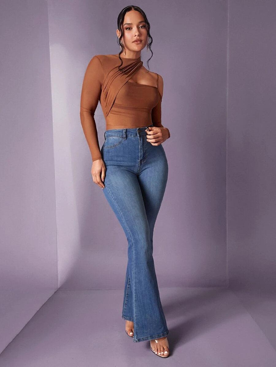 Asymmetrical Neck Cut Out Mesh Bodysuit-Comfy Jumpsuits