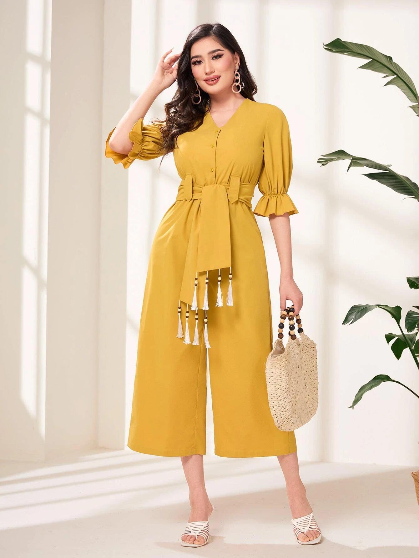 Flounce Sleeve Tassel Trim Belted Jumpsuit-Comfy Jumpsuits
