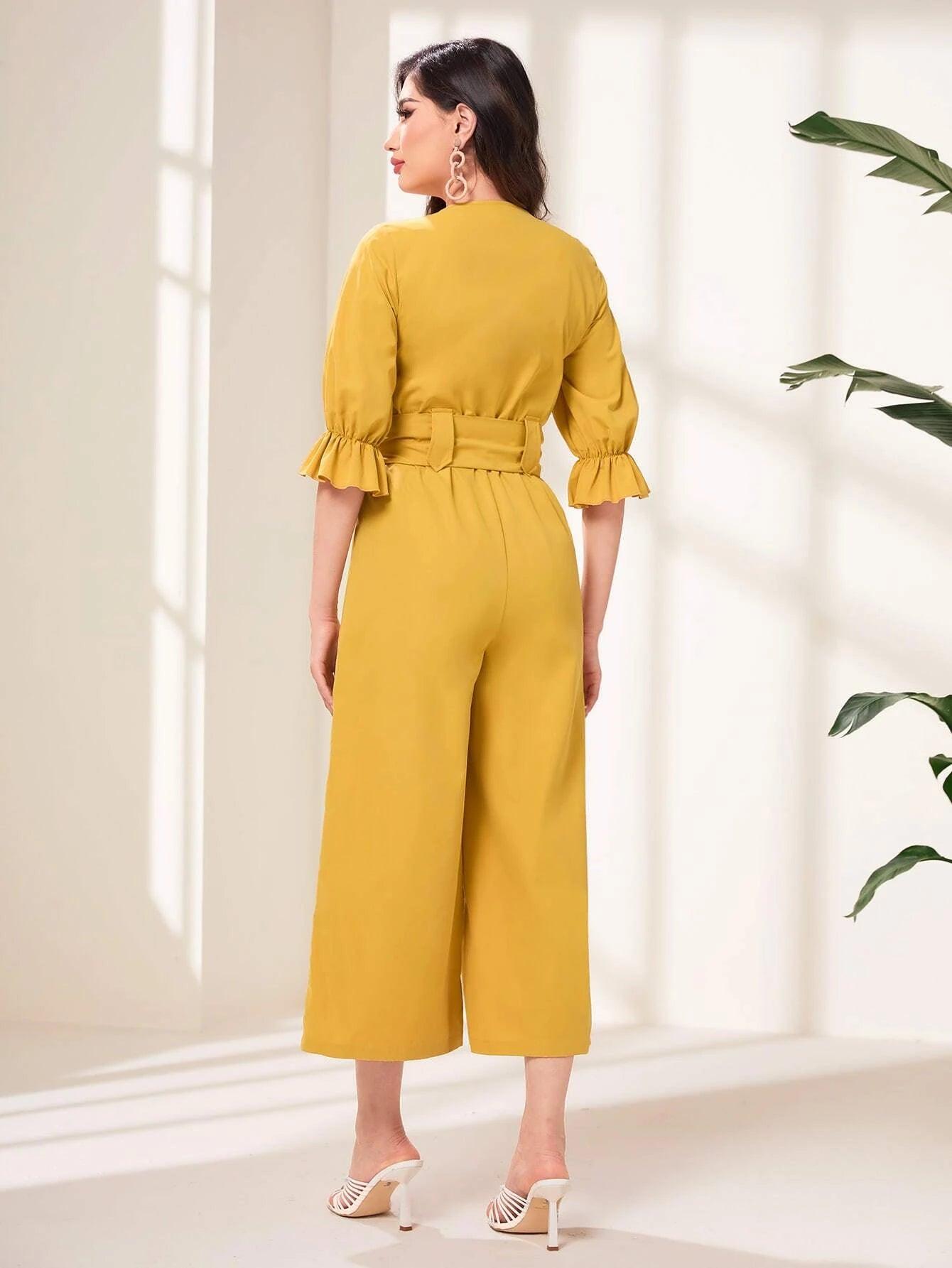Flounce Sleeve Tassel Trim Belted Jumpsuit-Comfy Jumpsuits