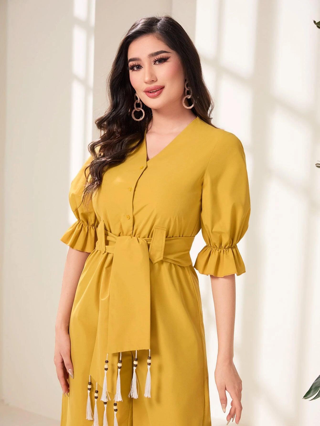 Flounce Sleeve Tassel Trim Belted Jumpsuit-Comfy Jumpsuits