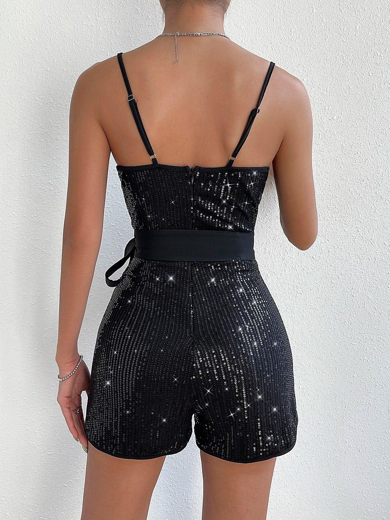 Sequin Belted Cami Romper-Comfy Jumpsuits