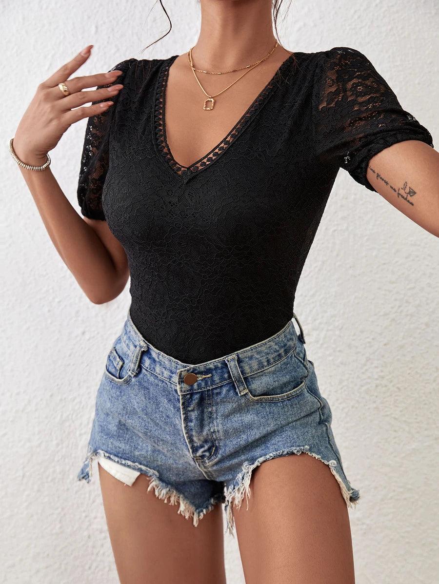 Contrast Lace Tie Backless Bodysuit-Comfy Jumpsuits