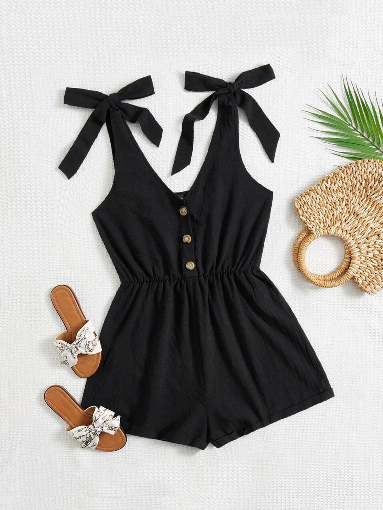 Button Tie Shoulder Romper-Comfy Jumpsuits