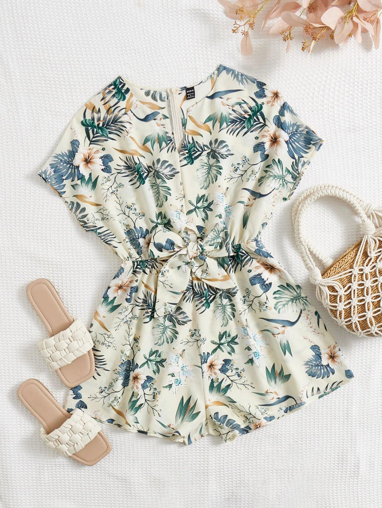 Tropical Print Batwing Sleeve Romper-Comfy Jumpsuits