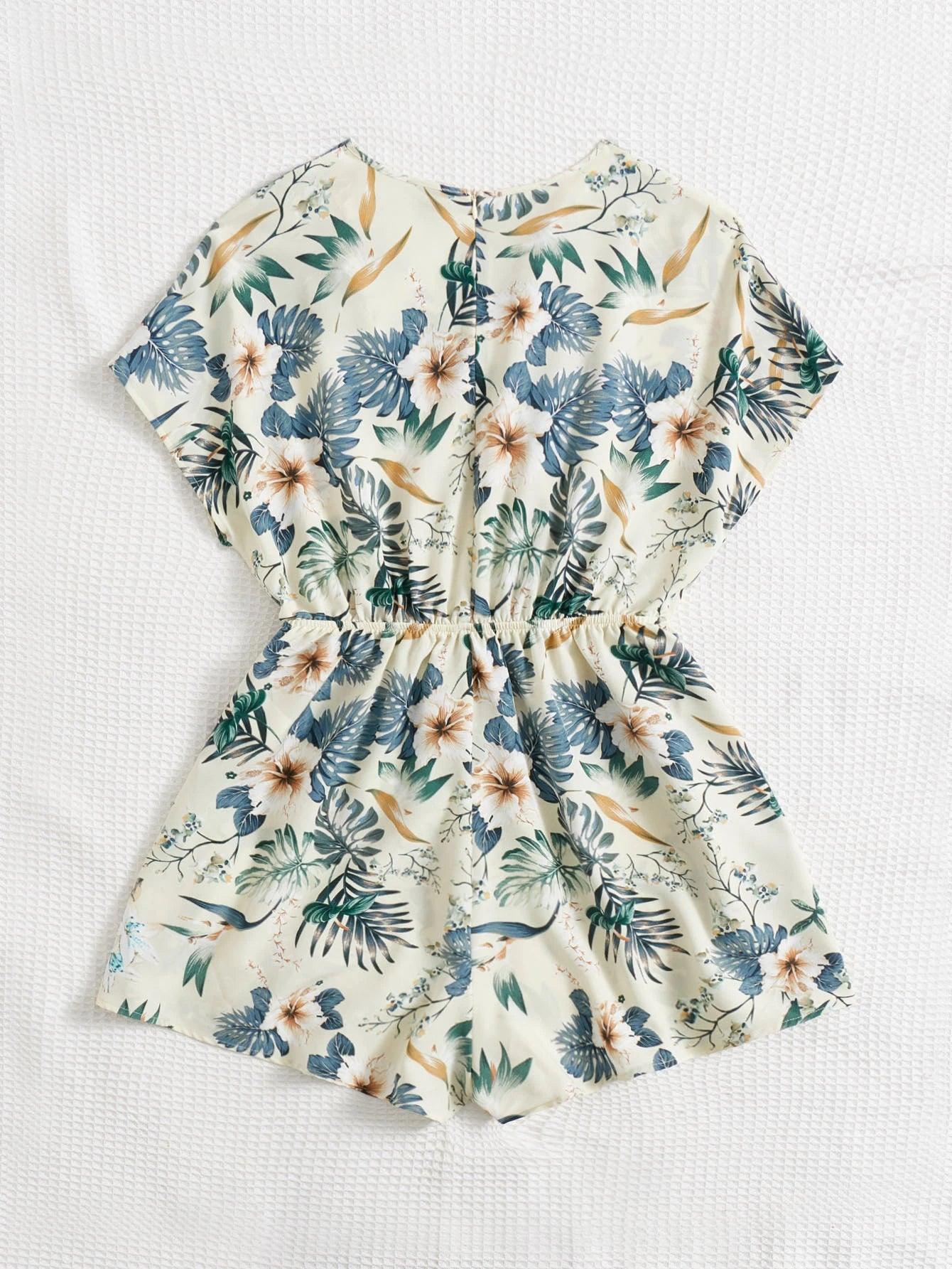 Tropical Print Batwing Sleeve Romper-Comfy Jumpsuits