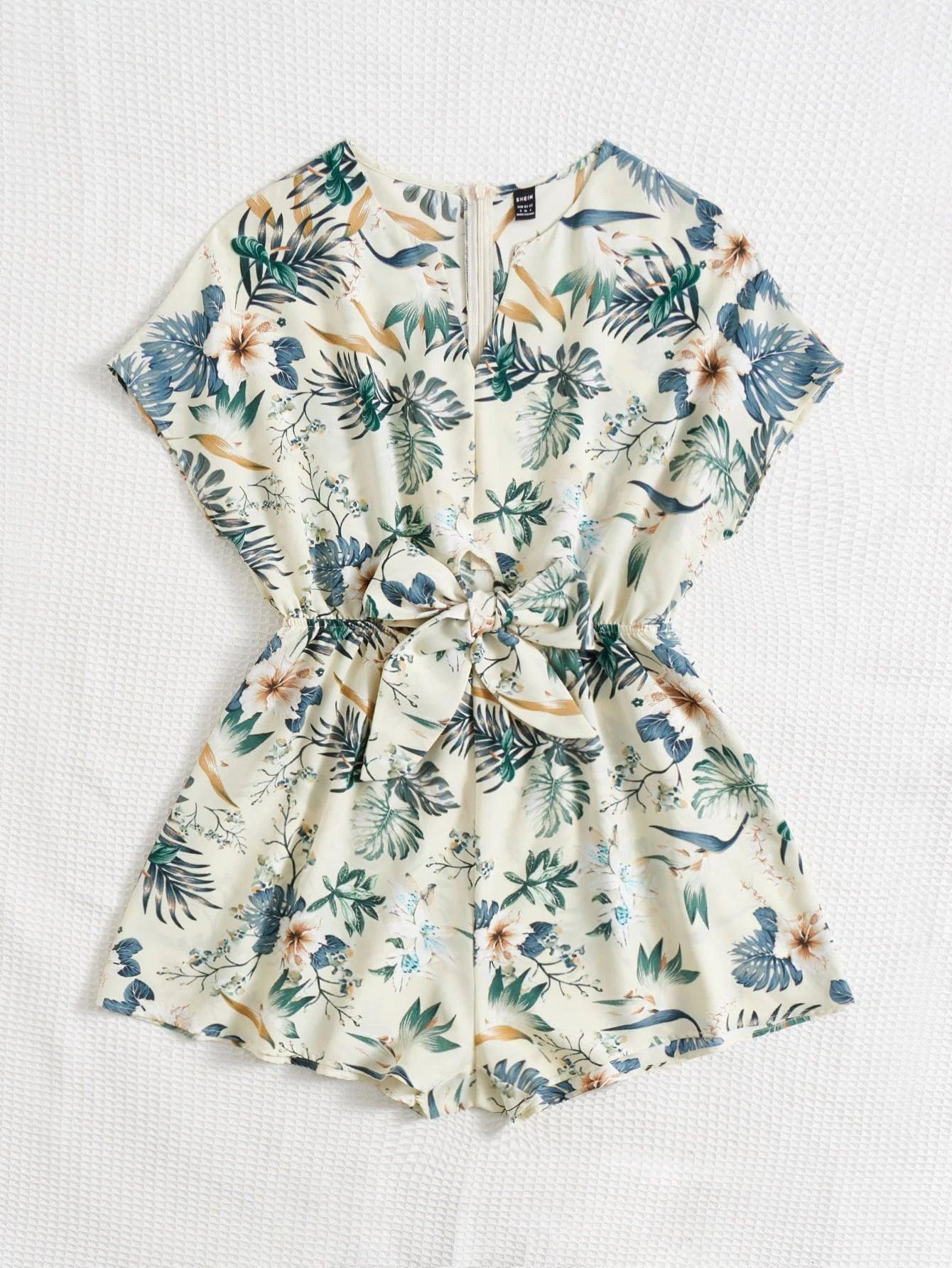 Tropical Print Batwing Sleeve Romper-Comfy Jumpsuits