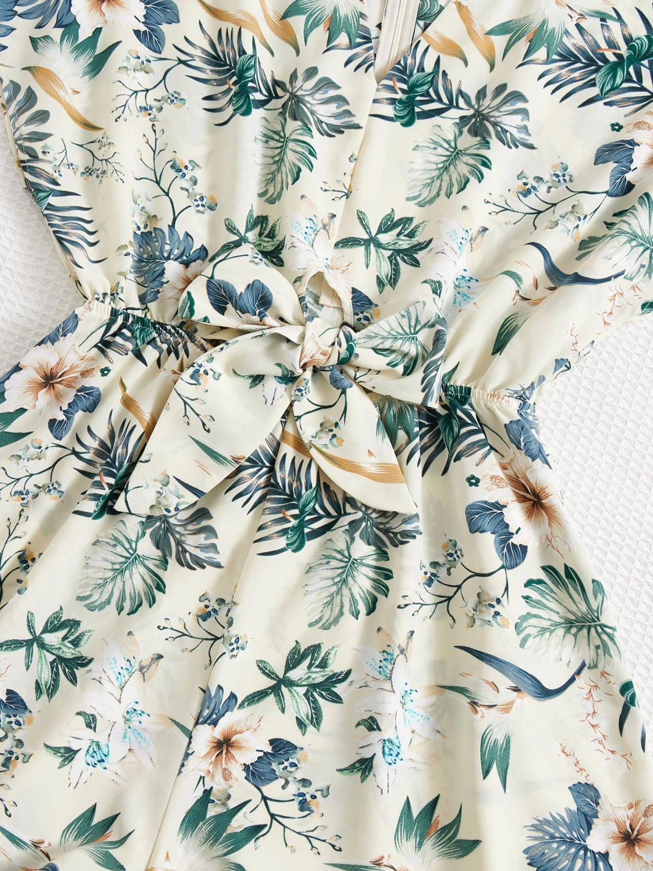 Tropical Print Batwing Sleeve Romper-Comfy Jumpsuits