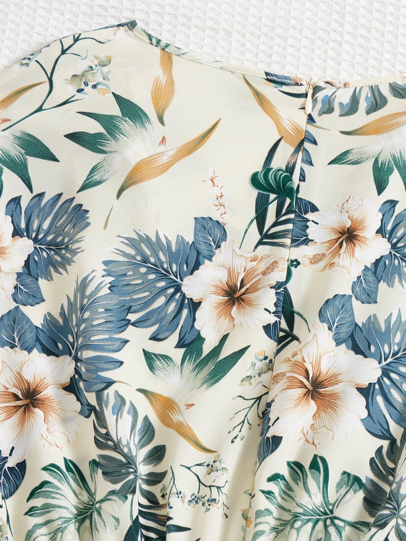 Tropical Print Batwing Sleeve Romper-Comfy Jumpsuits