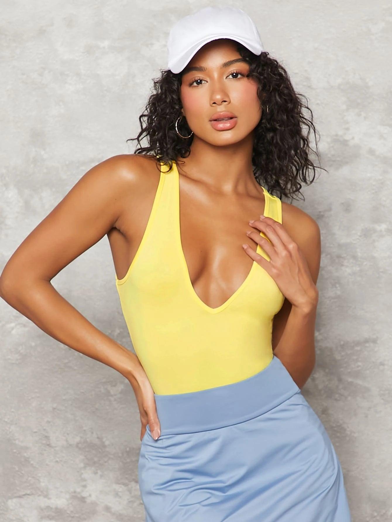 Plunging Neck Slim Fit Bodysuit-Comfy Jumpsuits