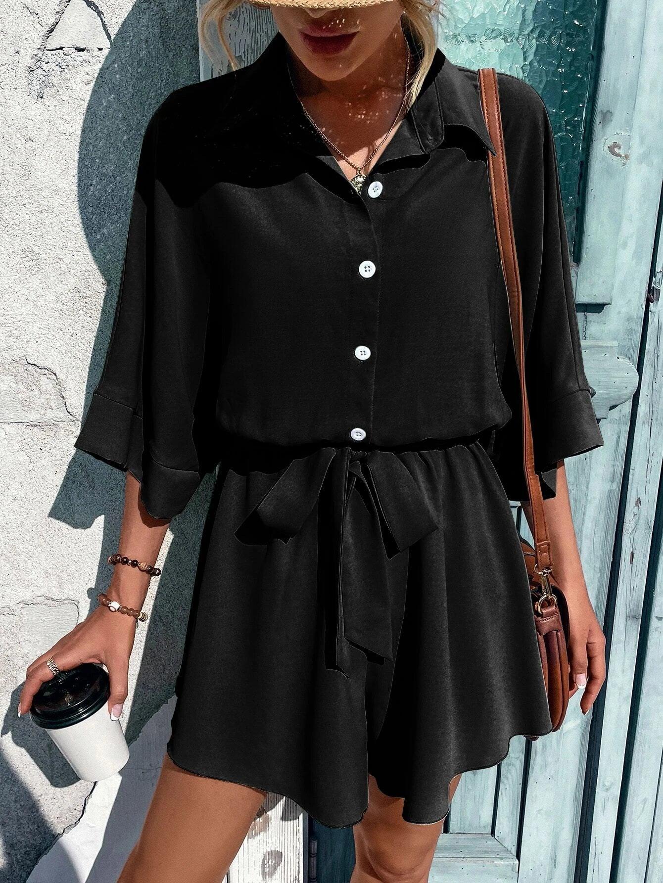 Batwing Sleeve Belted Shirt Romper-Comfy Jumpsuits