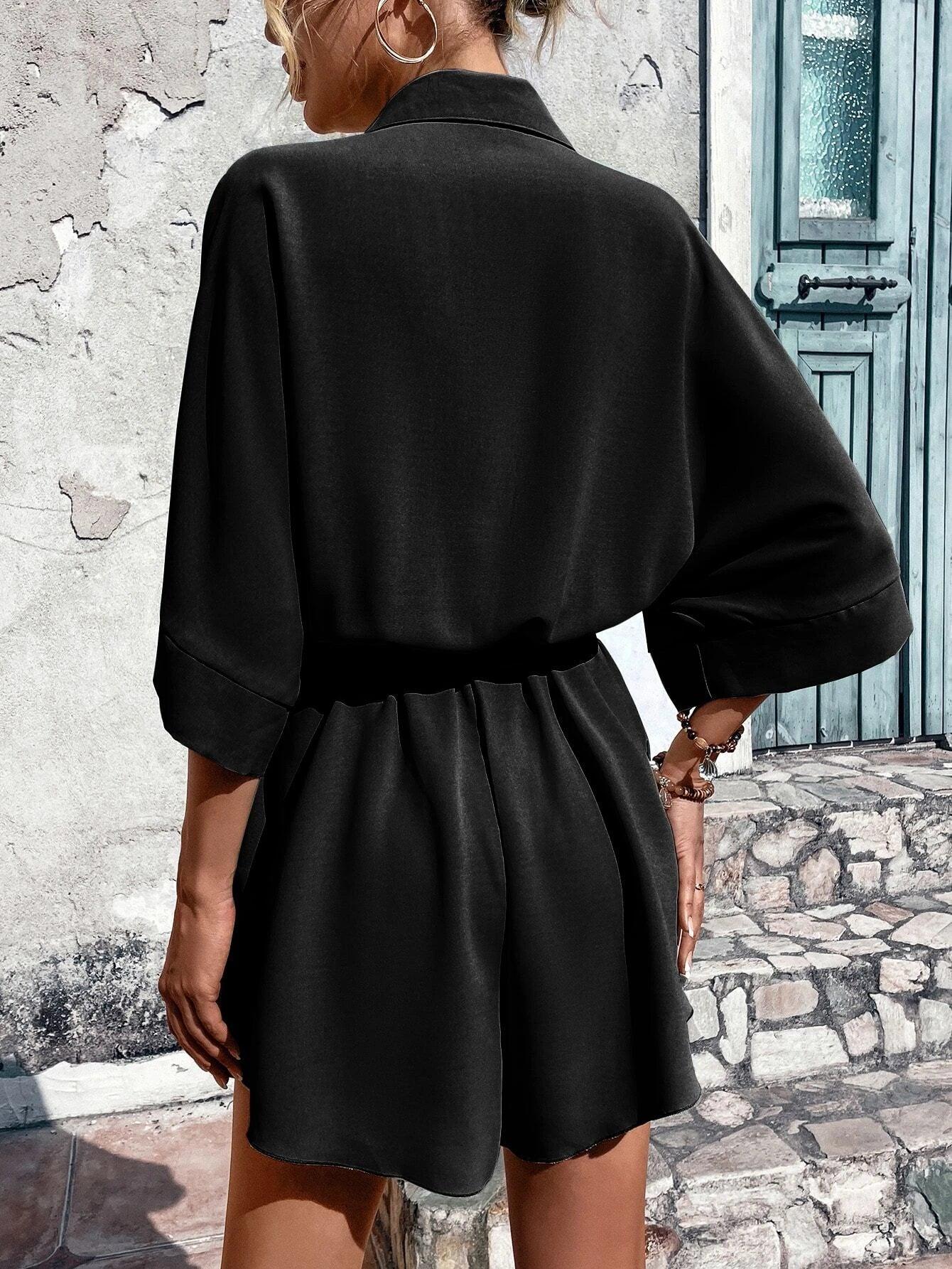 Batwing Sleeve Belted Shirt Romper-Comfy Jumpsuits