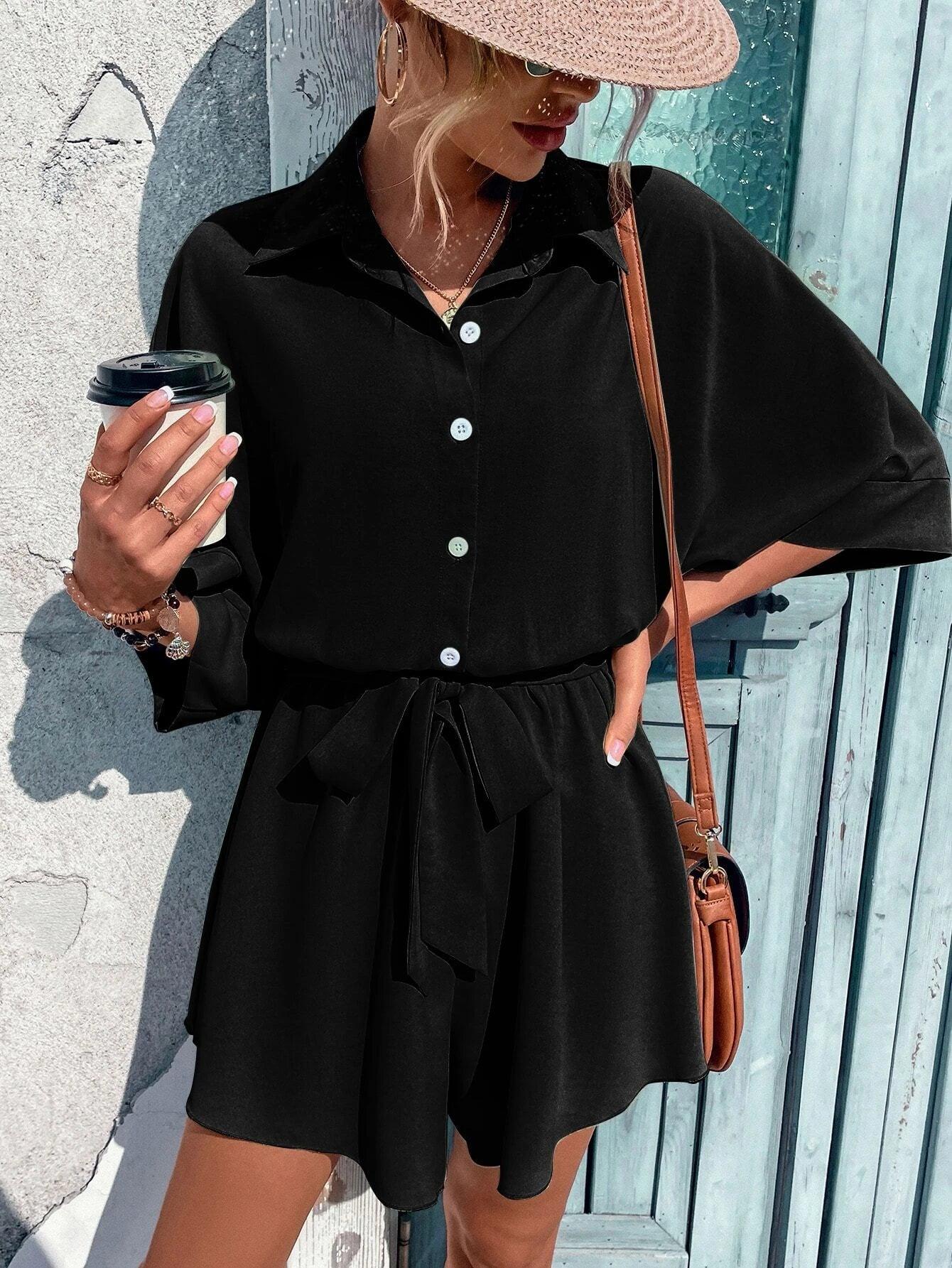 Batwing Sleeve Belted Shirt Romper-Comfy Jumpsuits