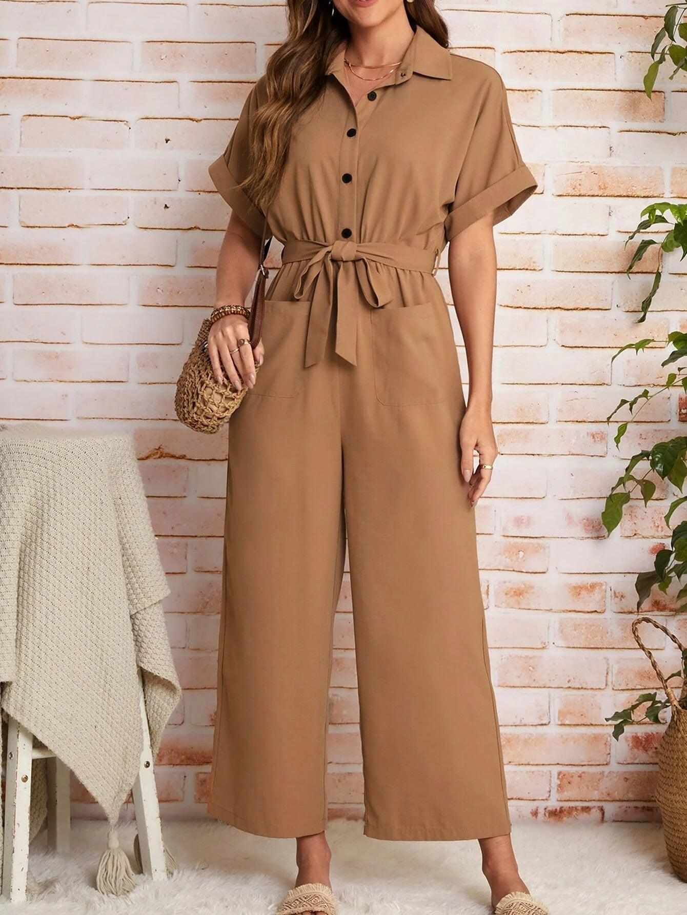 Short Sleeve Belted Shirt Jumpsuit-Comfy Jumpsuits