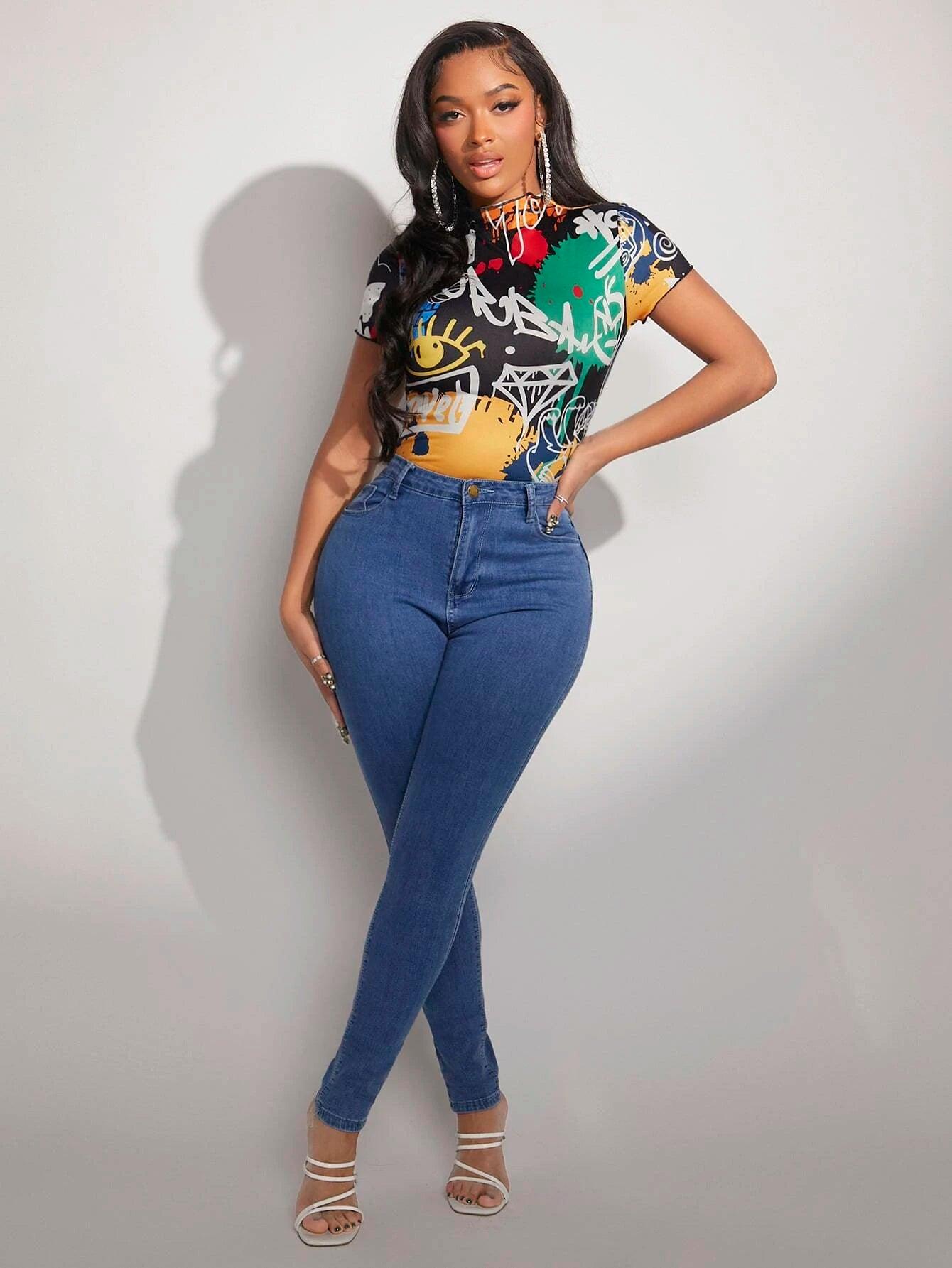 Letter Graphic Mock Neck Form Fitted Bodysuit-Comfy Jumpsuits