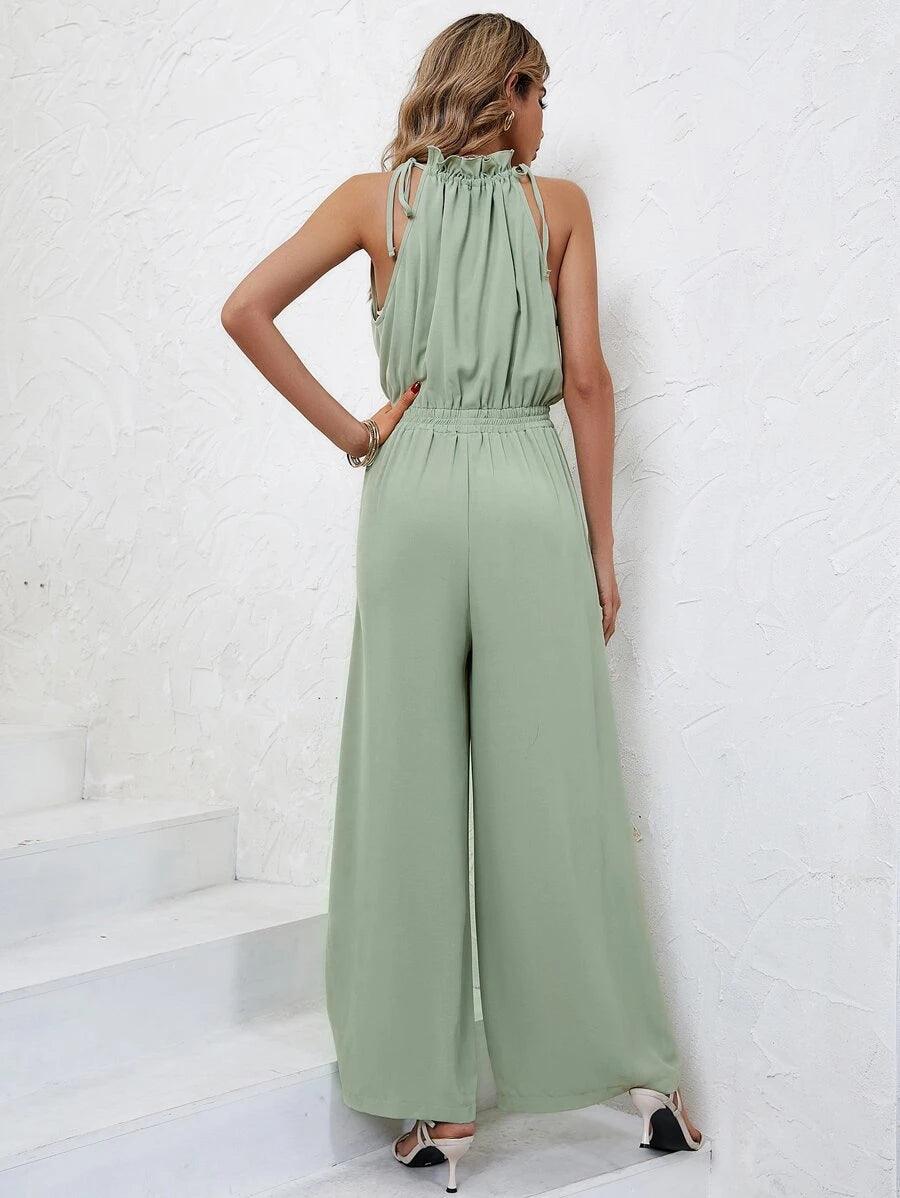 Frenchy Solid Knot Detail Halter Jumpsuit-Comfy Jumpsuits