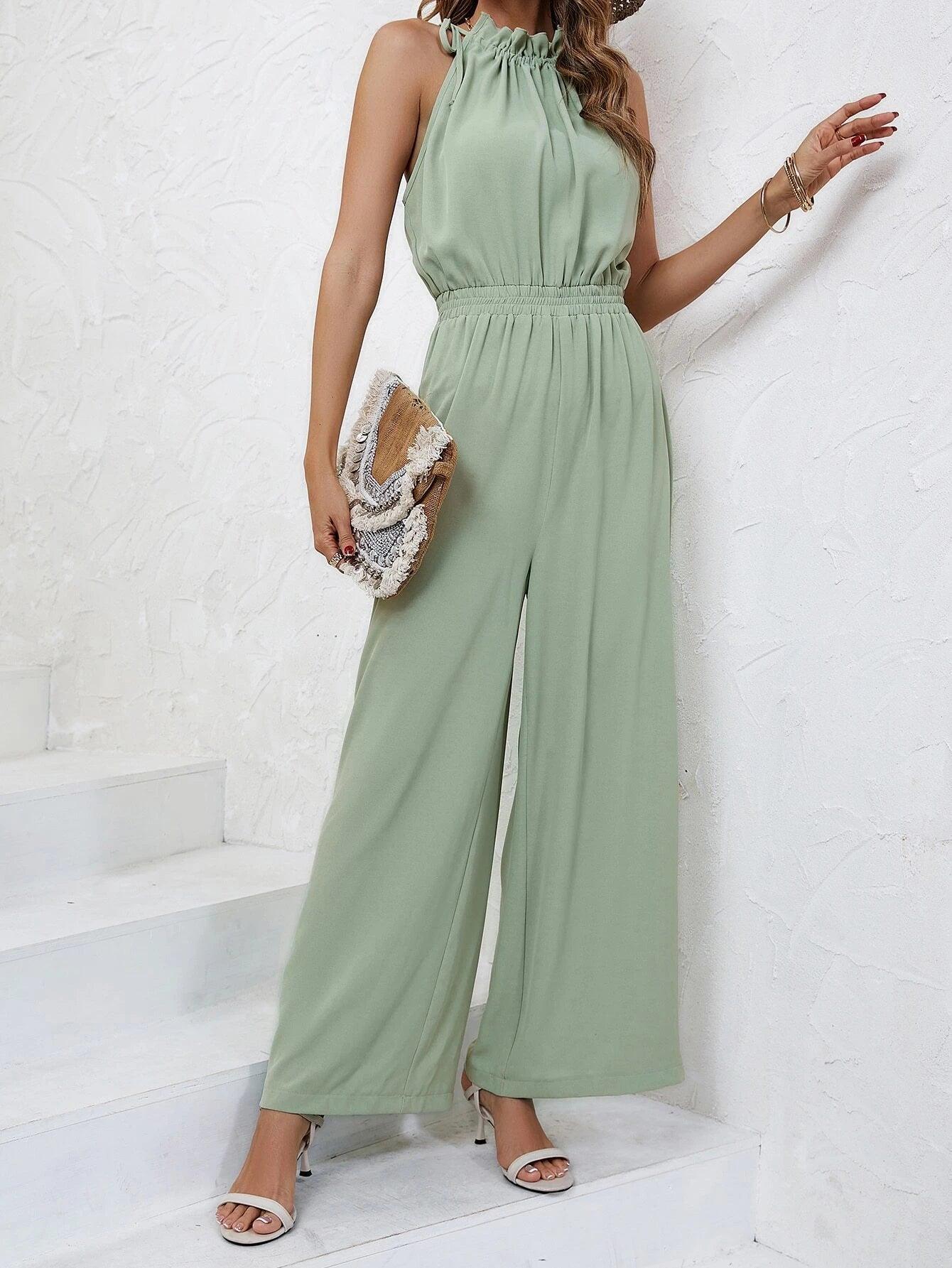 Frenchy Solid Knot Detail Halter Jumpsuit-Comfy Jumpsuits