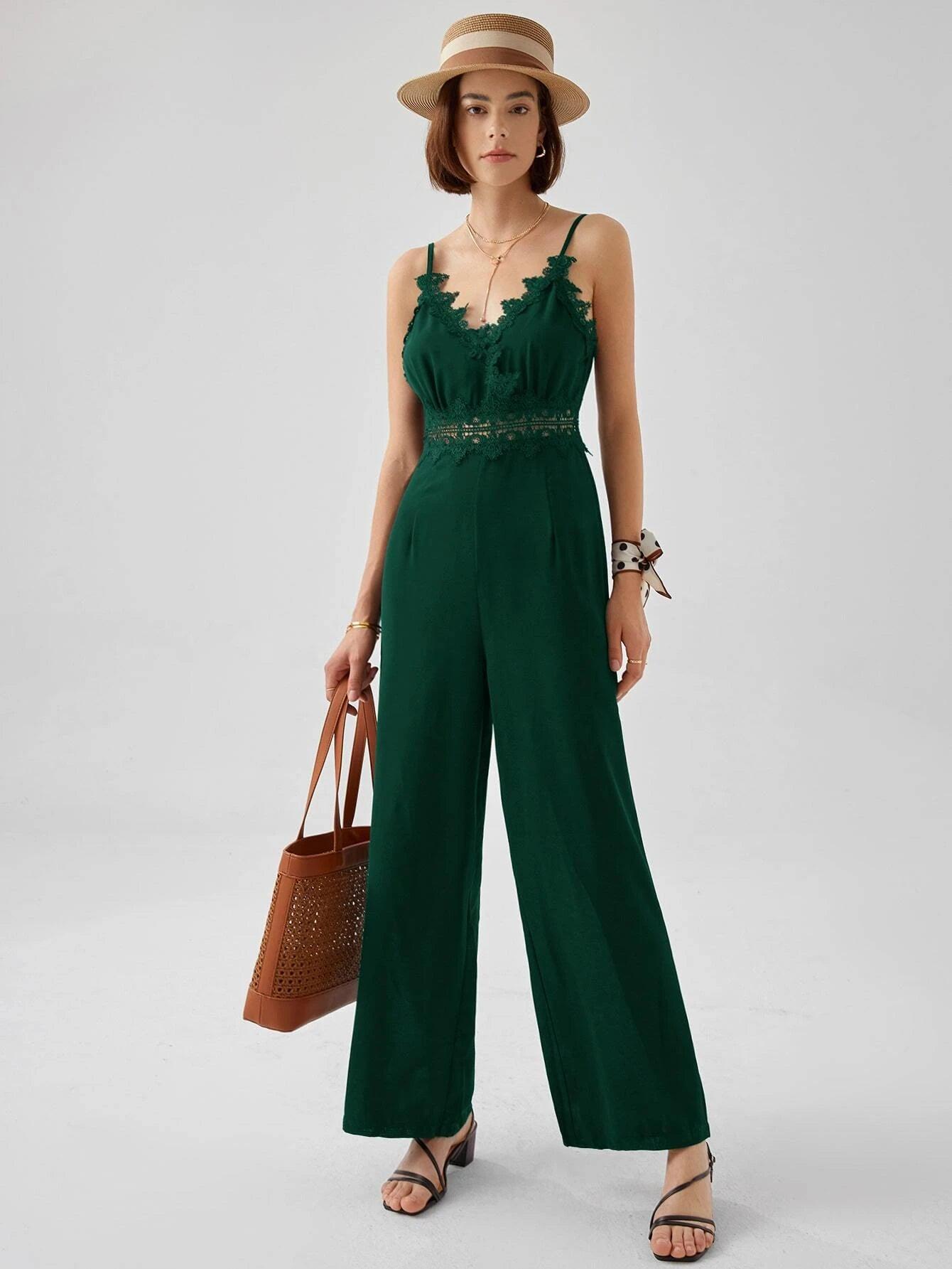 Contrast Lace Zip Back Cami Jumpsuit-Comfy Jumpsuits