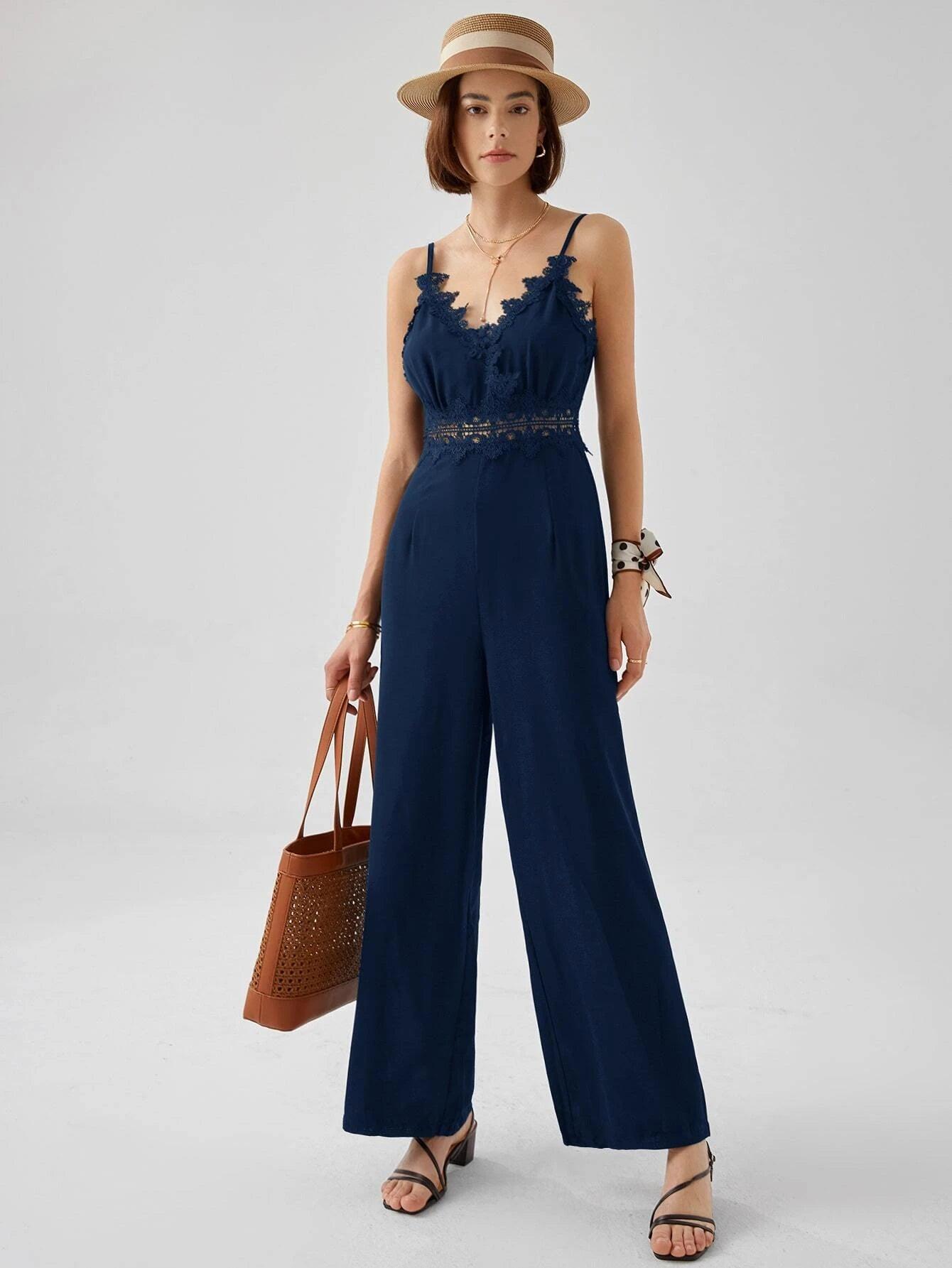 Contrast Lace Zip Back Cami Jumpsuit-Comfy Jumpsuits
