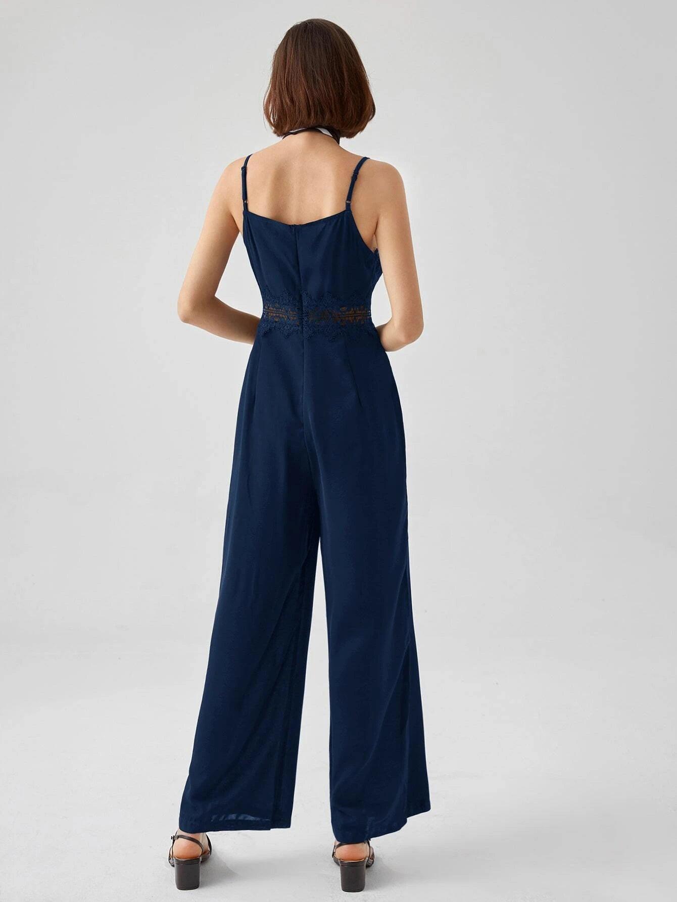 Contrast Lace Zip Back Cami Jumpsuit-Comfy Jumpsuits