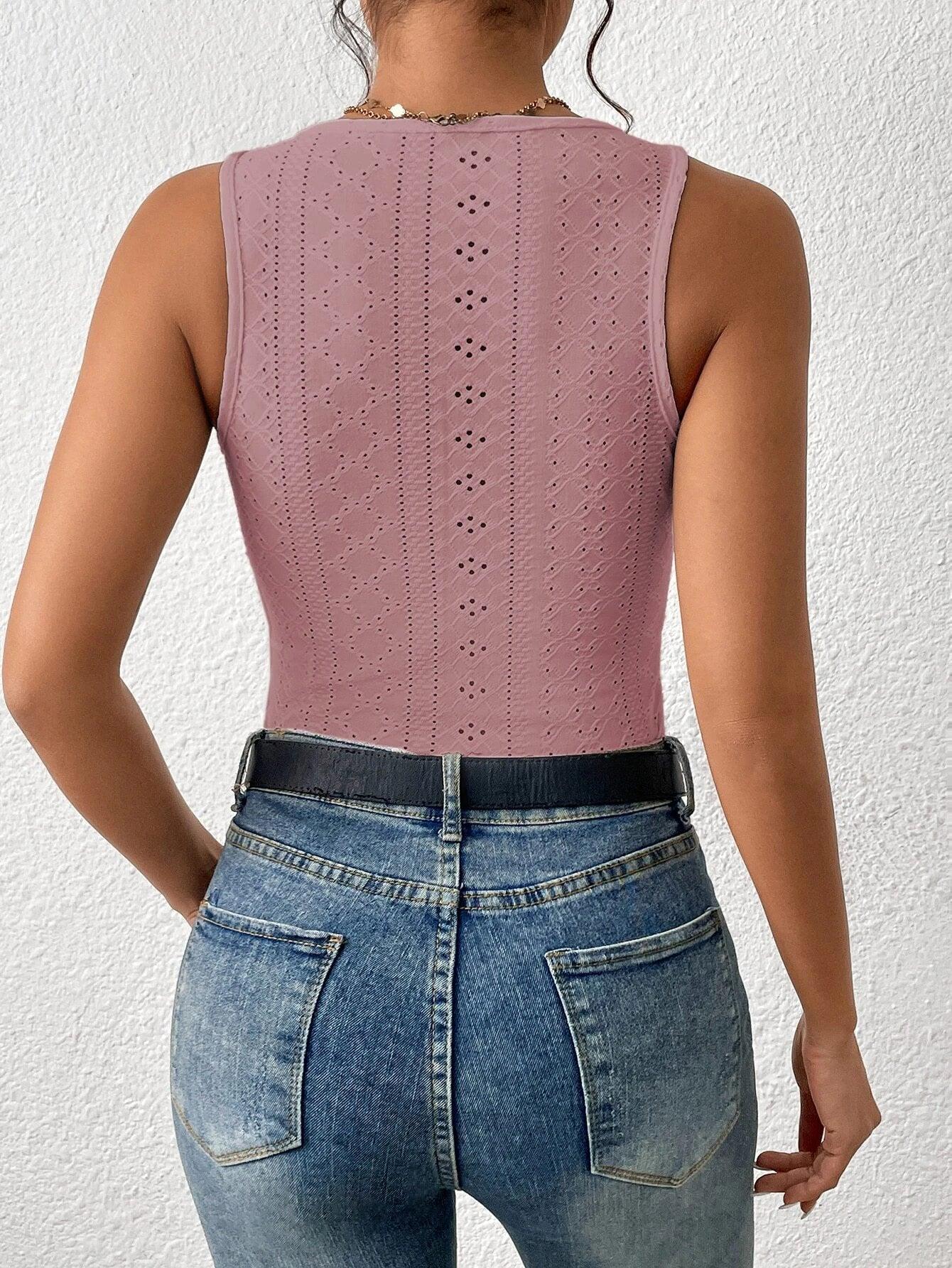 Eyelet Embroidery Tank Bodysuit-Comfy Jumpsuits