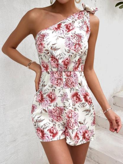 Floral Print One Shoulder Knot Detail Romper-Comfy Jumpsuits