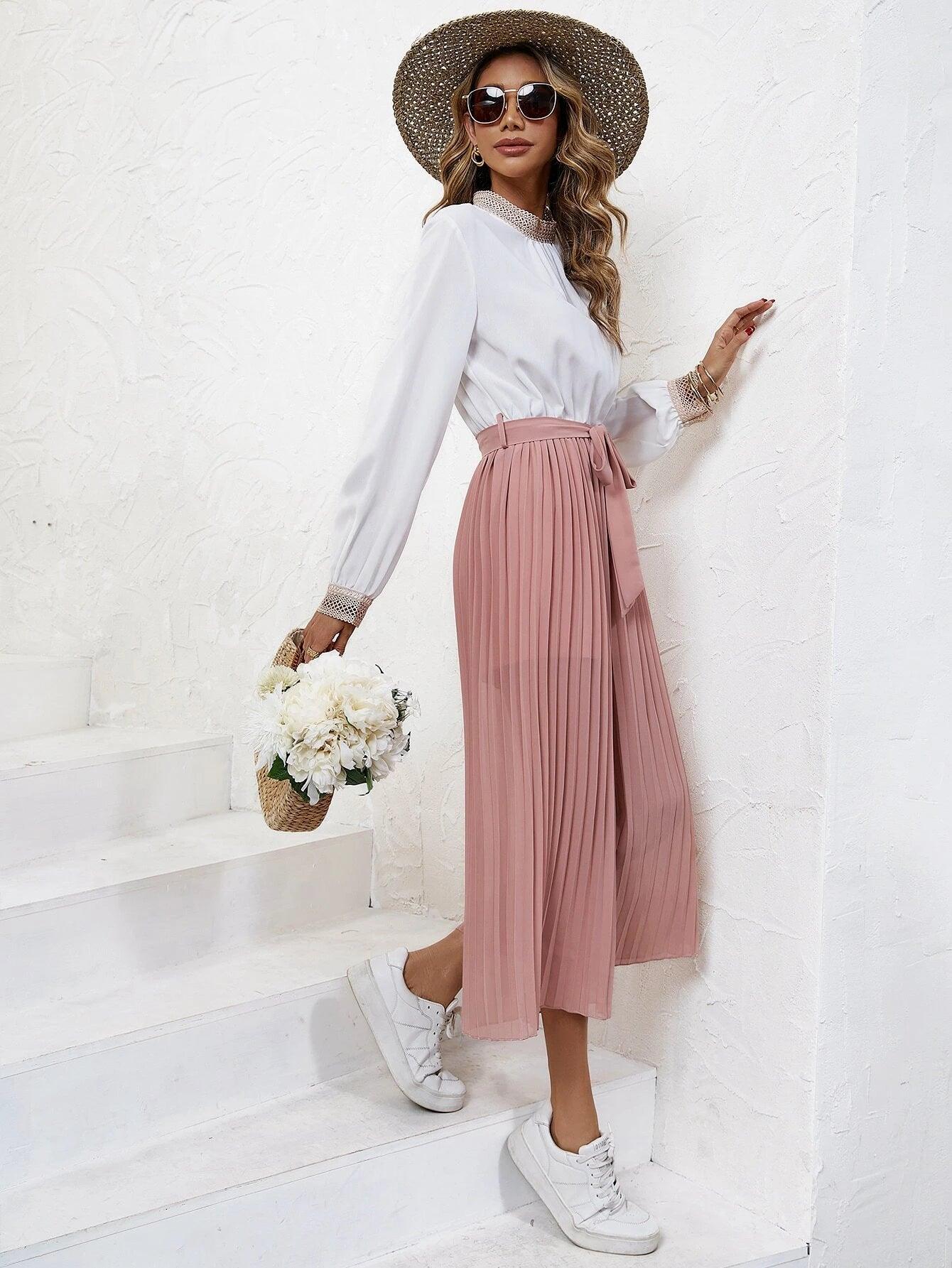 Two Tone Pleated Belted Jumpsuit-Comfy Jumpsuits