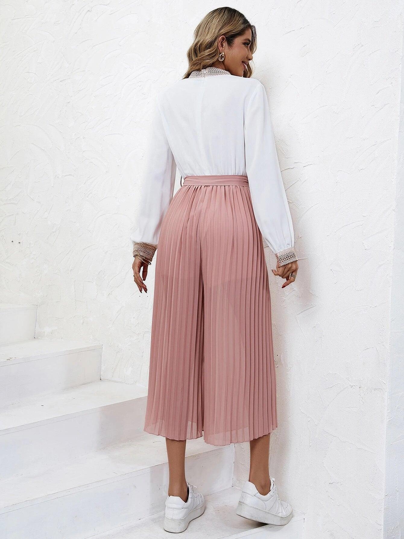 Two Tone Pleated Belted Jumpsuit-Comfy Jumpsuits