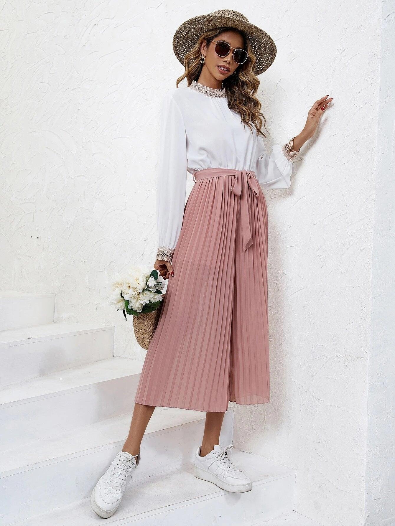 Two Tone Pleated Belted Jumpsuit-Comfy Jumpsuits
