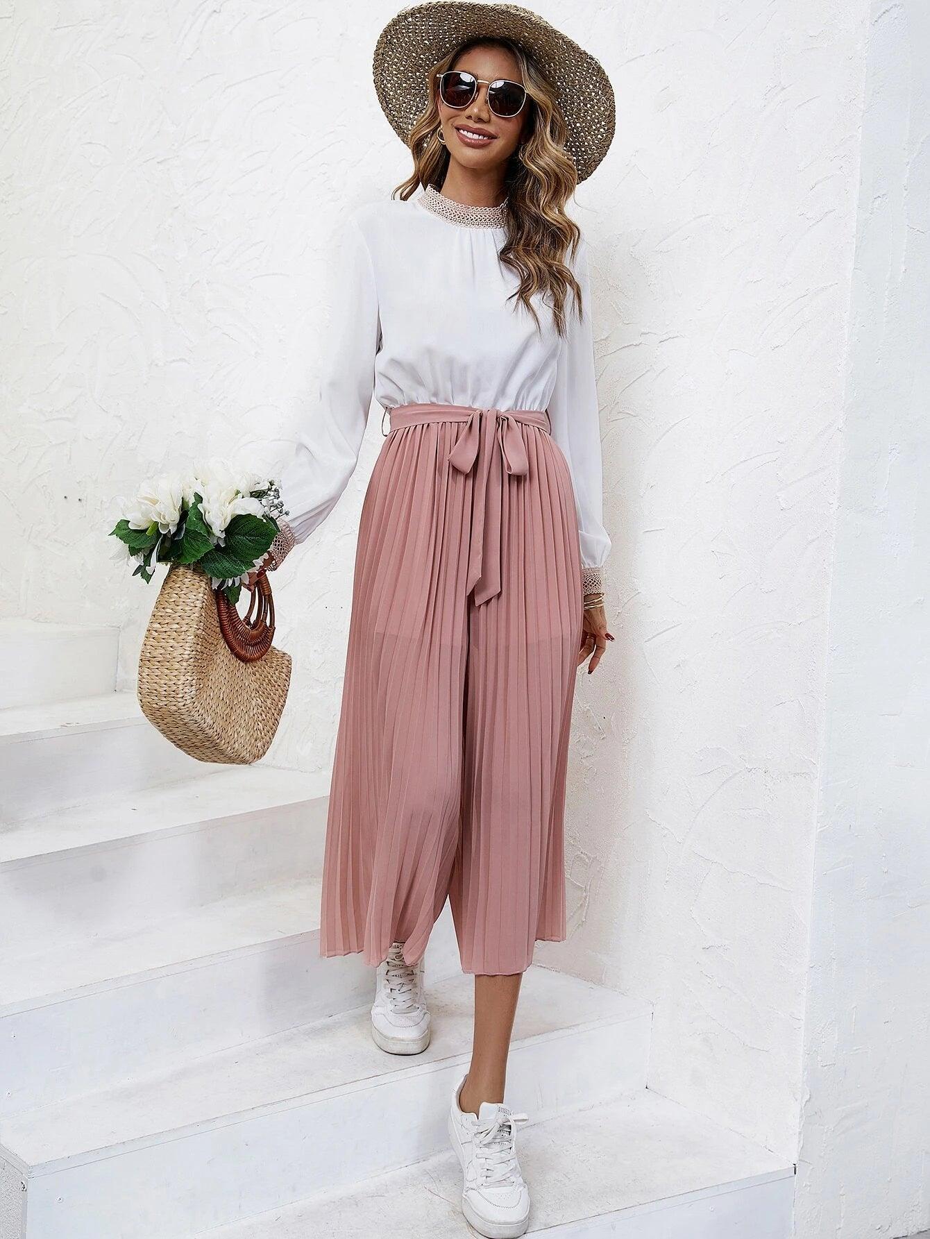 Two Tone Pleated Belted Jumpsuit-Comfy Jumpsuits