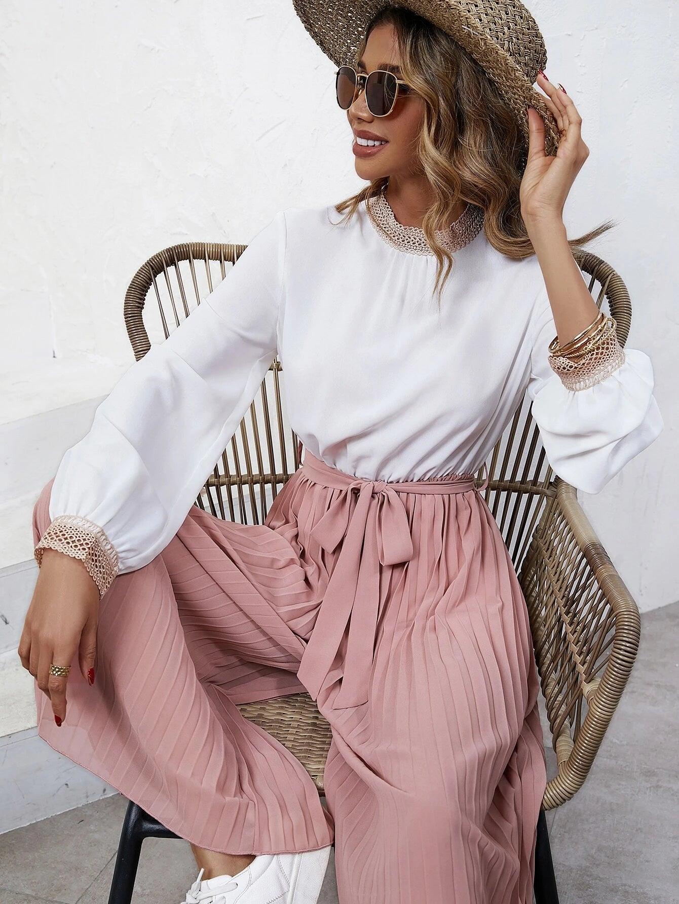 Two Tone Pleated Belted Jumpsuit-Comfy Jumpsuits