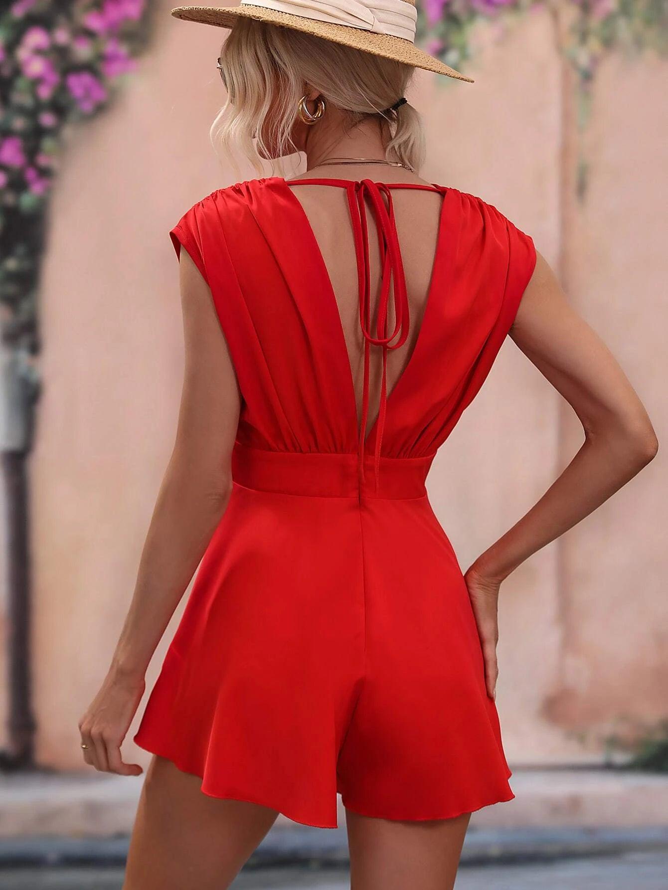 Solid Fold Pleated Detail Tie Backless Romper-Comfy Jumpsuits