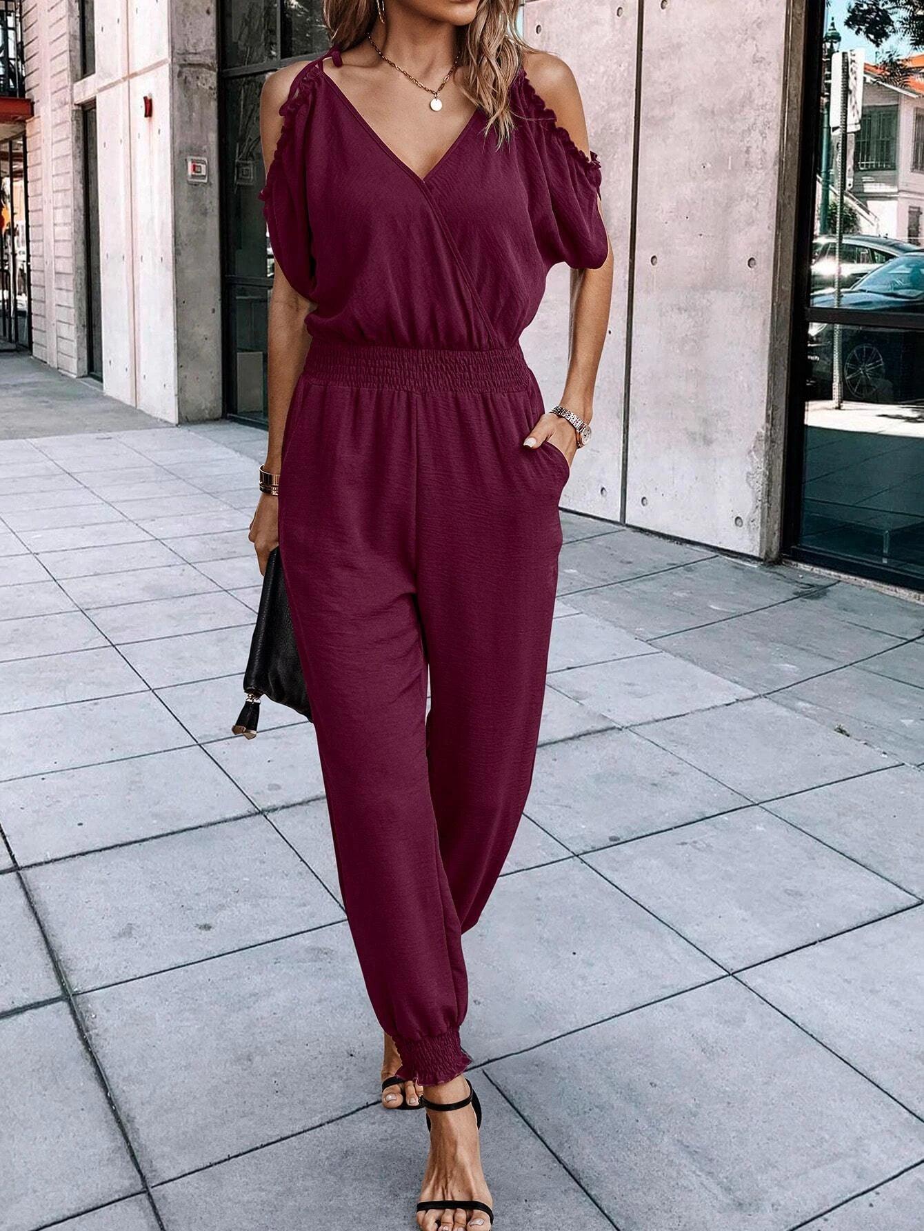 Short Sleeve With Slant Pockets Jumpsuit-Comfy Jumpsuits