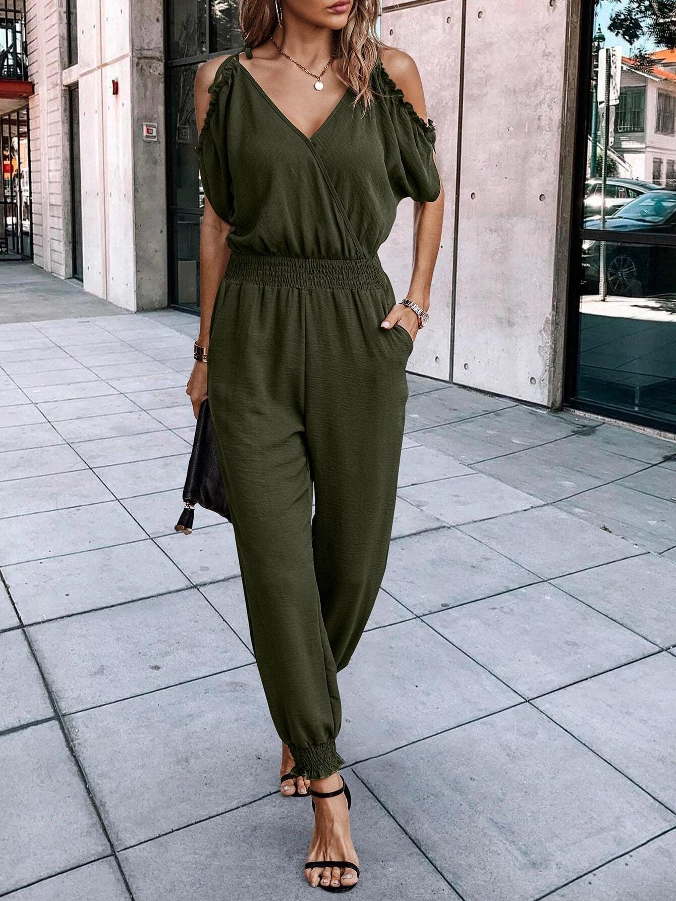 Short Sleeve With Slant Pockets Jumpsuit-Comfy Jumpsuits
