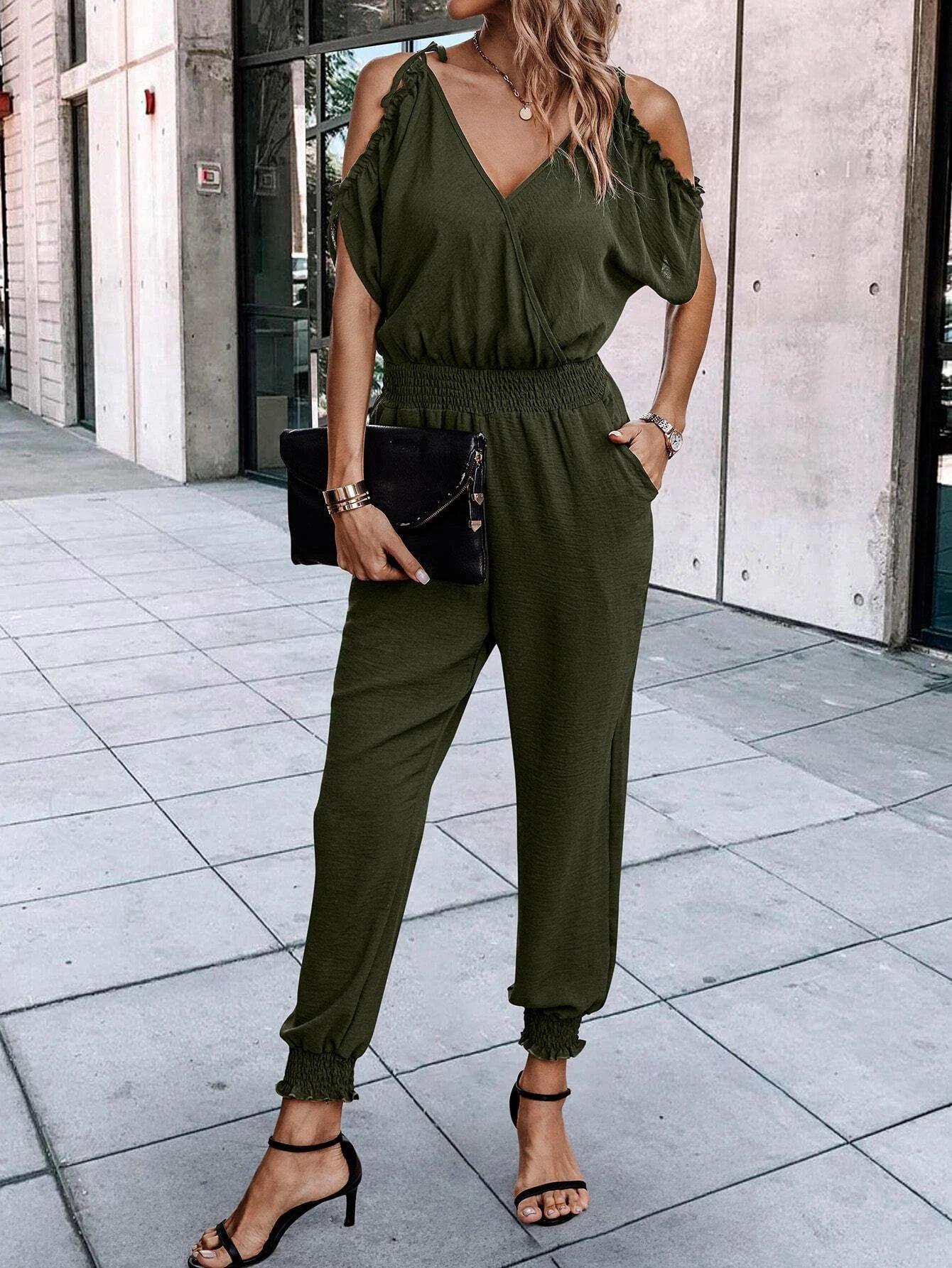 Short Sleeve With Slant Pockets Jumpsuit-Comfy Jumpsuits