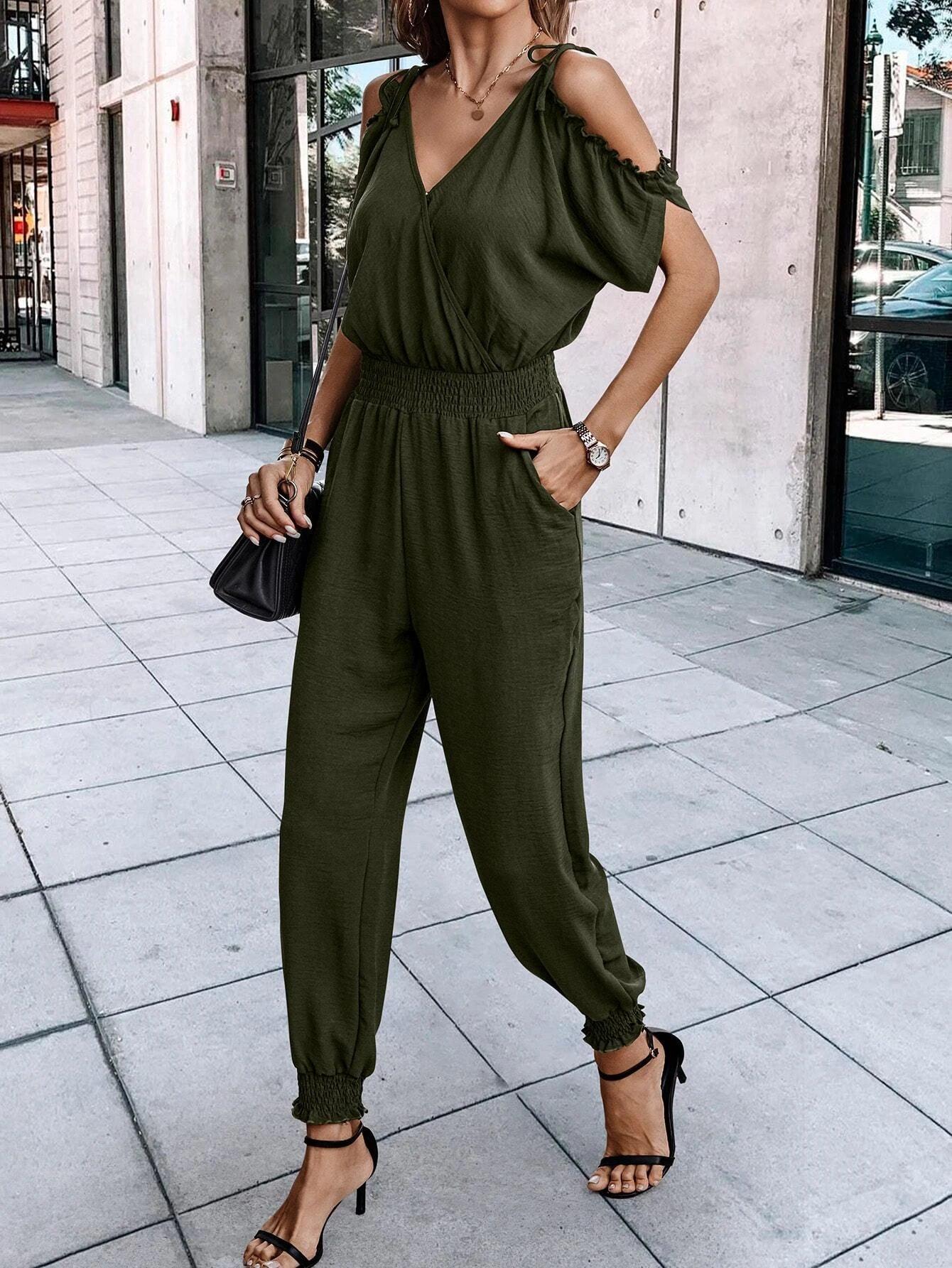Short Sleeve With Slant Pockets Jumpsuit-Comfy Jumpsuits