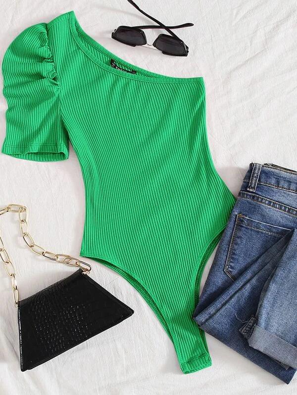 Ribbed Knit One Shoulder Puff Sleeve Plain Bodysuit-Comfy Jumpsuits
