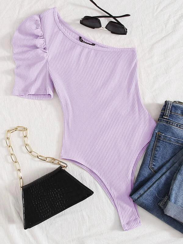 Ribbed Knit One Shoulder Puff Sleeve Plain Bodysuit-Comfy Jumpsuits