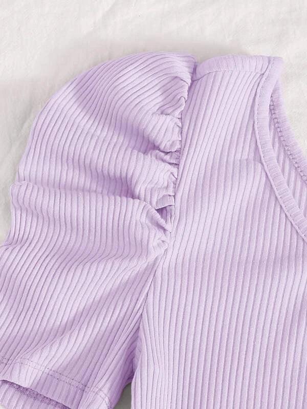 Ribbed Knit One Shoulder Puff Sleeve Plain Bodysuit-Comfy Jumpsuits