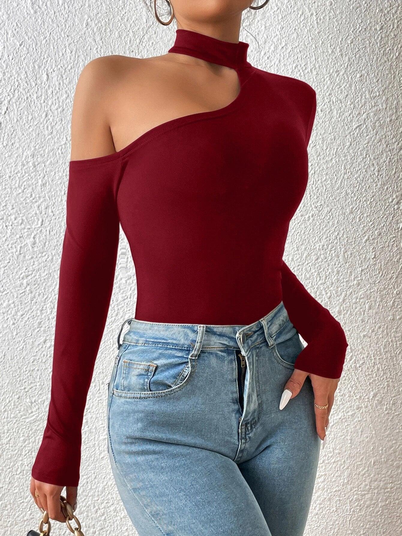 Asymmetrical Neck Slim Fit Bodysuit-Comfy Jumpsuits